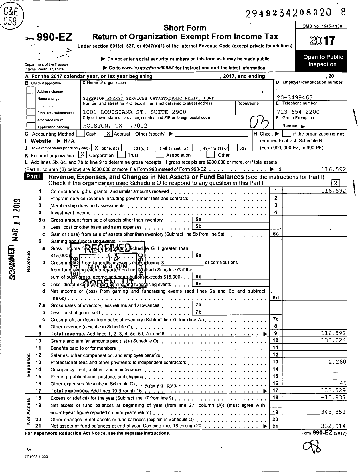 Image of first page of 2017 Form 990EZ for Superior Energy Services Catastrophic Relief Fund