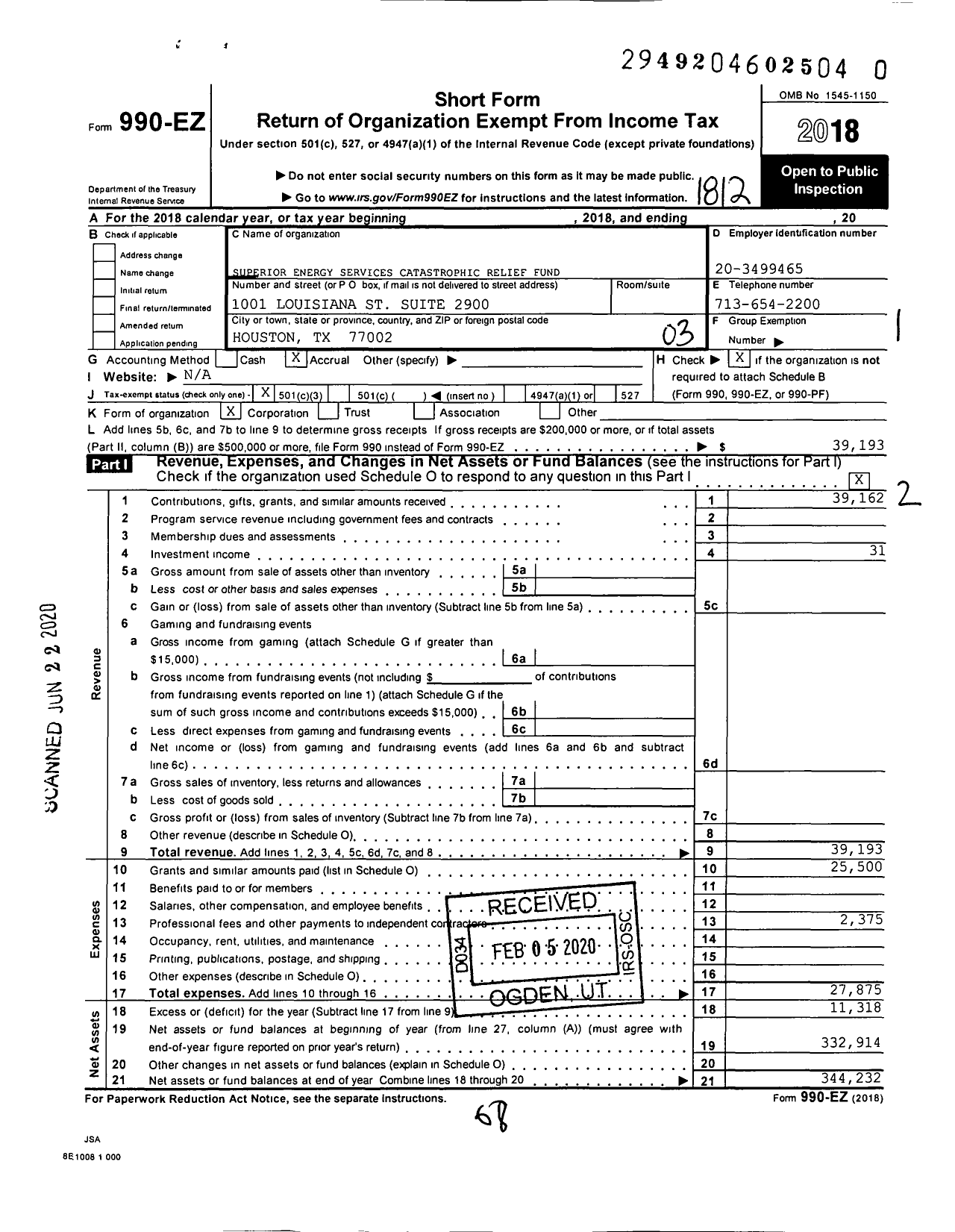 Image of first page of 2018 Form 990EZ for Superior Energy Services Catastrophic Relief Fund