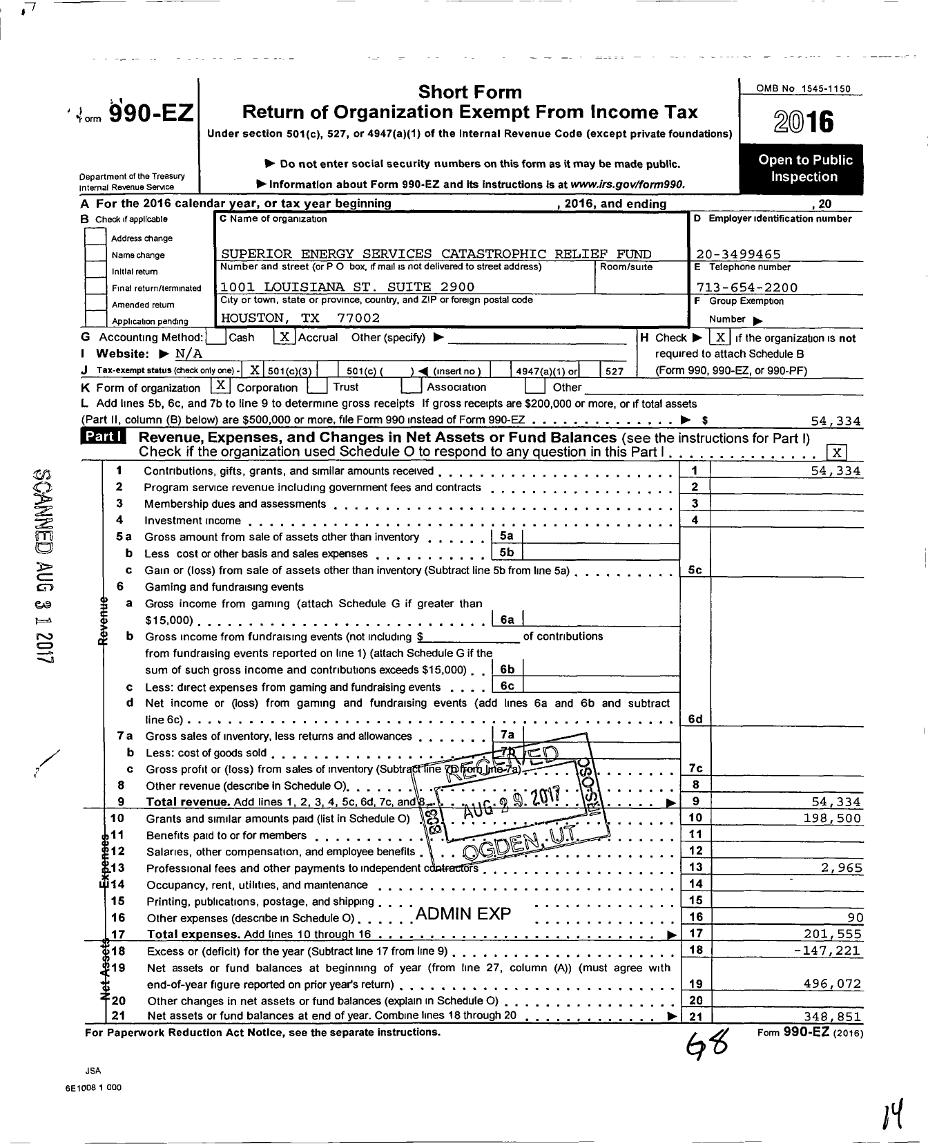 Image of first page of 2016 Form 990EZ for Superior Energy Services Catastrophic Relief Fund