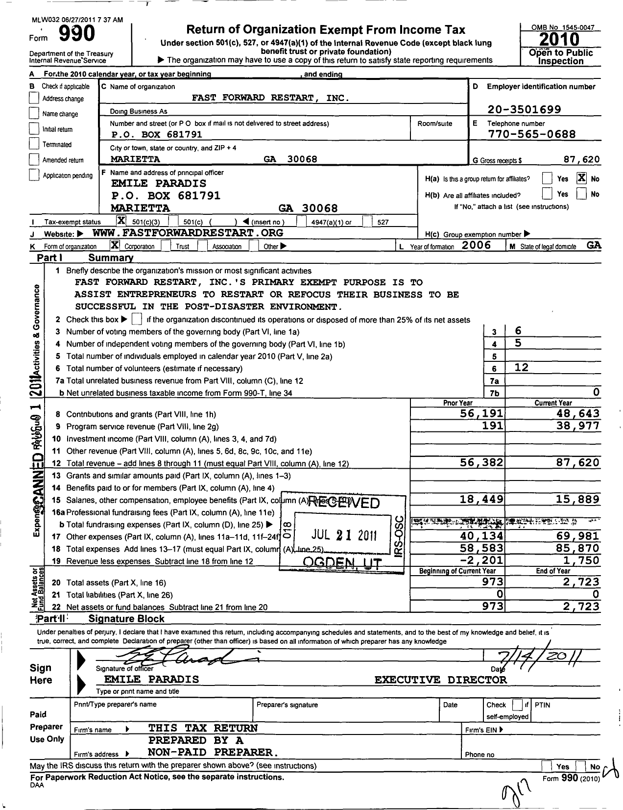 Image of first page of 2010 Form 990 for Fast Forward Restart