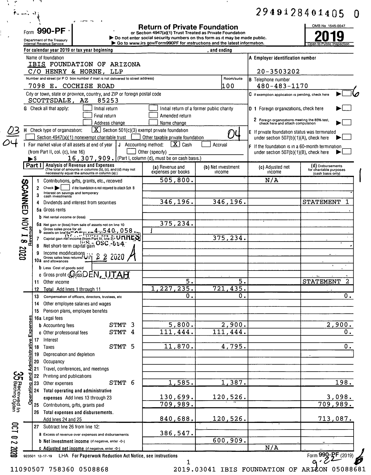 Image of first page of 2019 Form 990PF for Ibis Foundation of Arizona