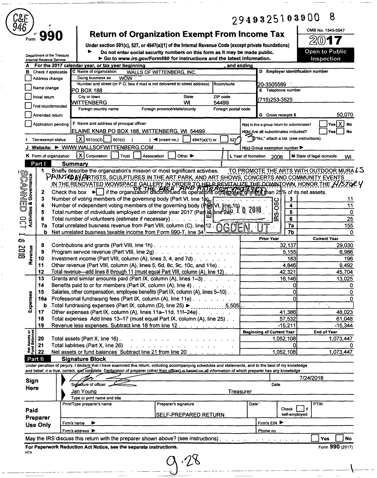 Image of first page of 2017 Form 990 for Walls of Wittenberg (WOW)