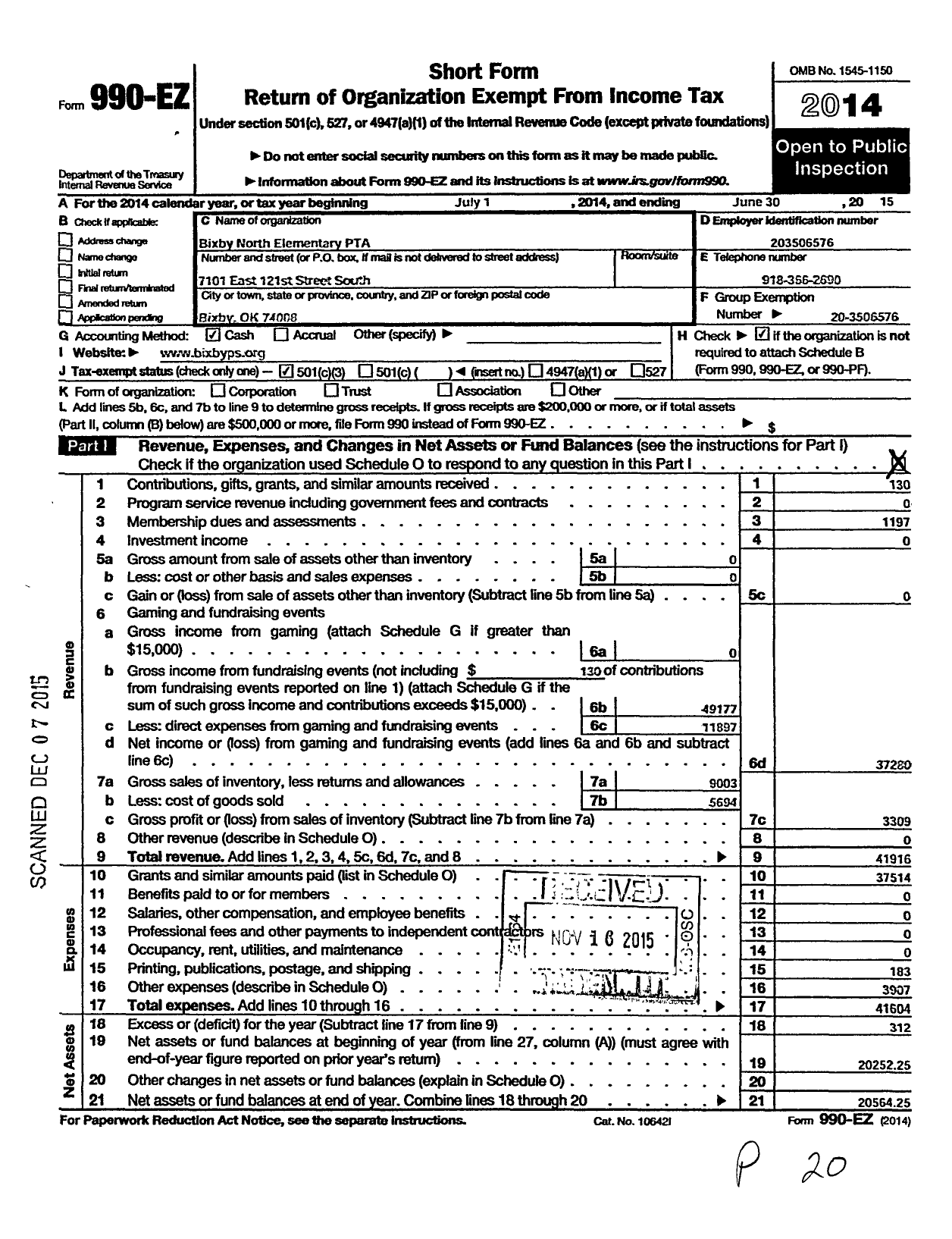 Image of first page of 2014 Form 990EZ for Bixby North Elementary PTA