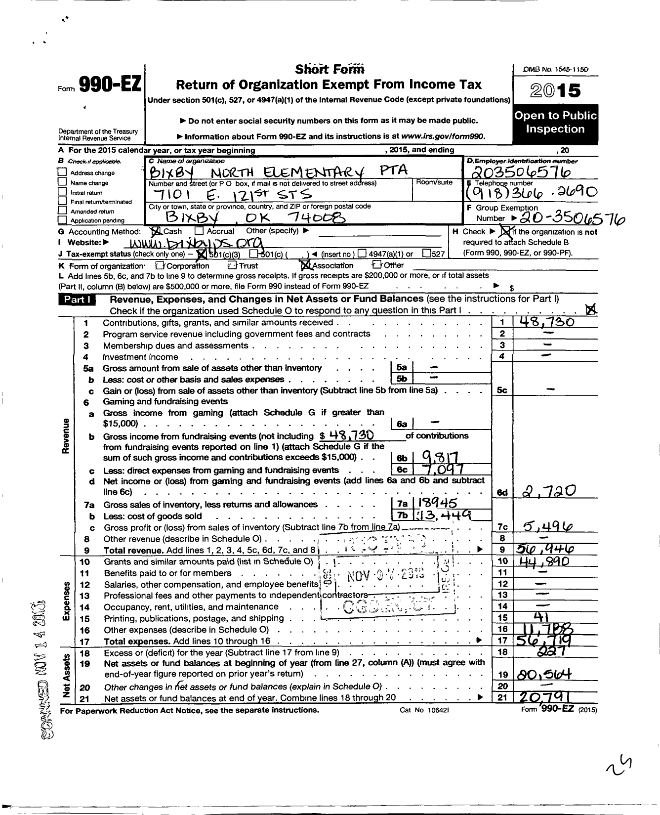 Image of first page of 2015 Form 990EZ for Bixby North Elementary PTA