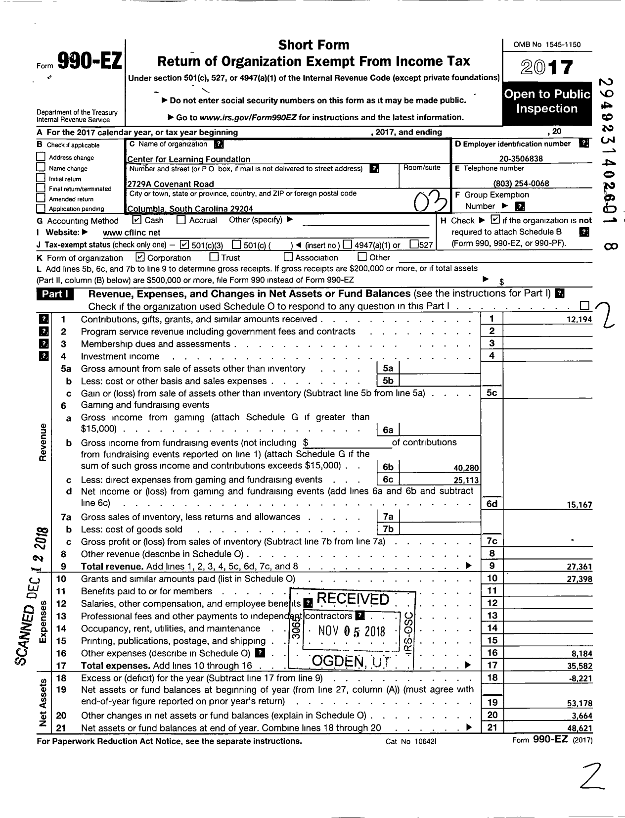 Image of first page of 2017 Form 990EZ for Center For Learning Foundation