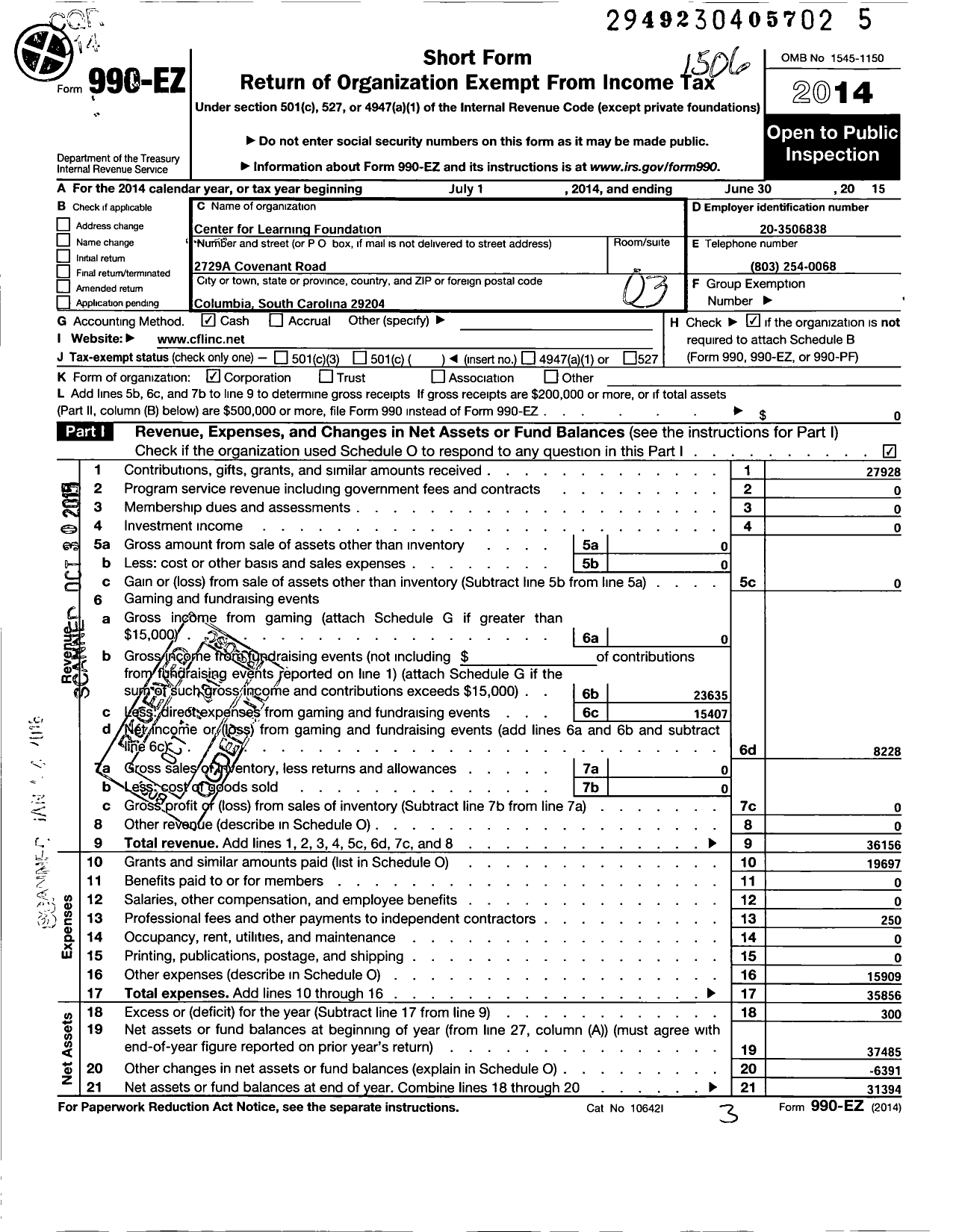 Image of first page of 2014 Form 990EO for Center For Learning Foundation