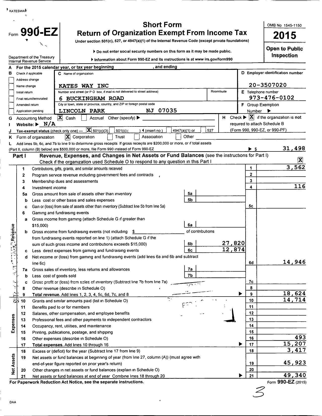 Image of first page of 2015 Form 990EZ for Kates S Way