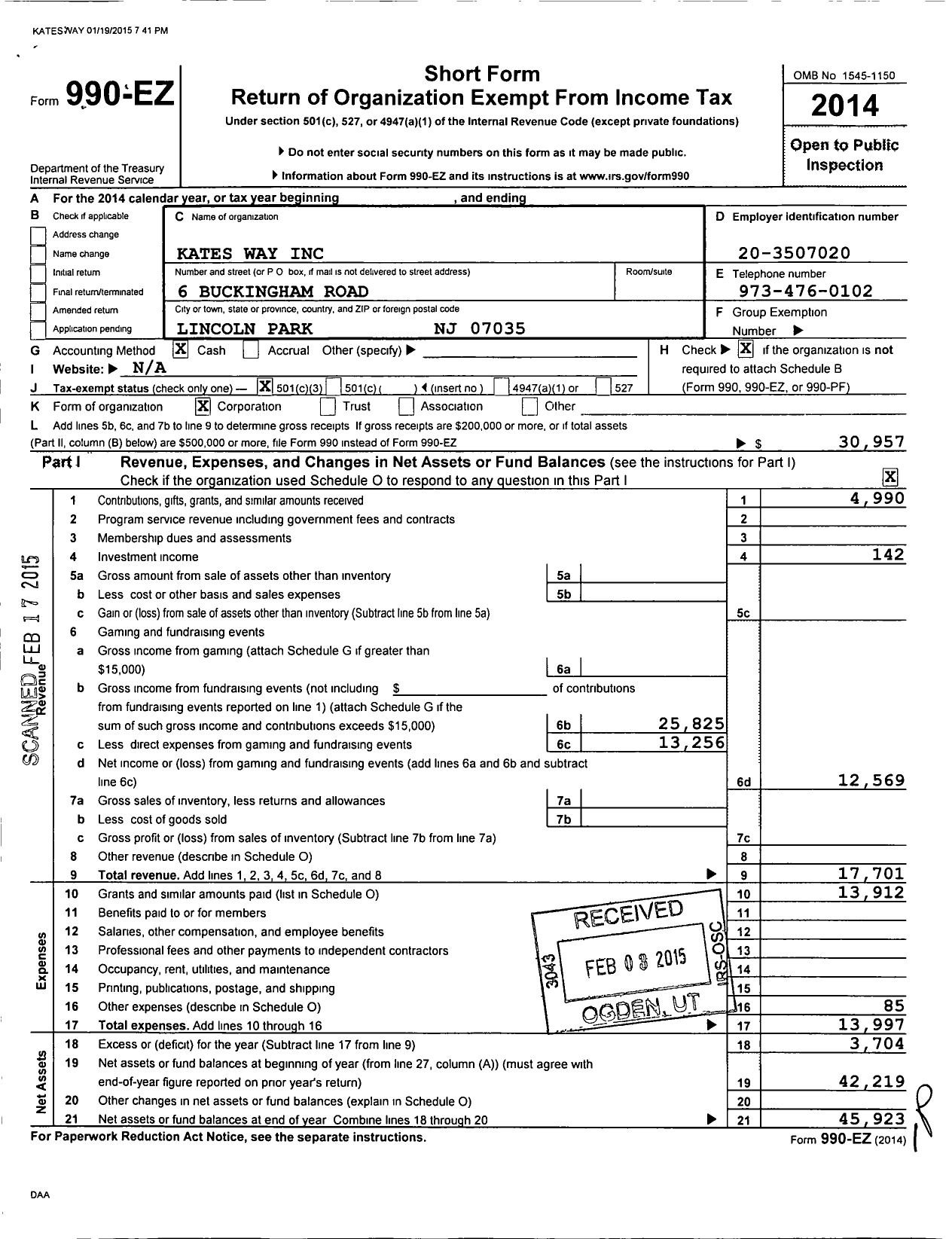 Image of first page of 2014 Form 990EZ for Kates S Way