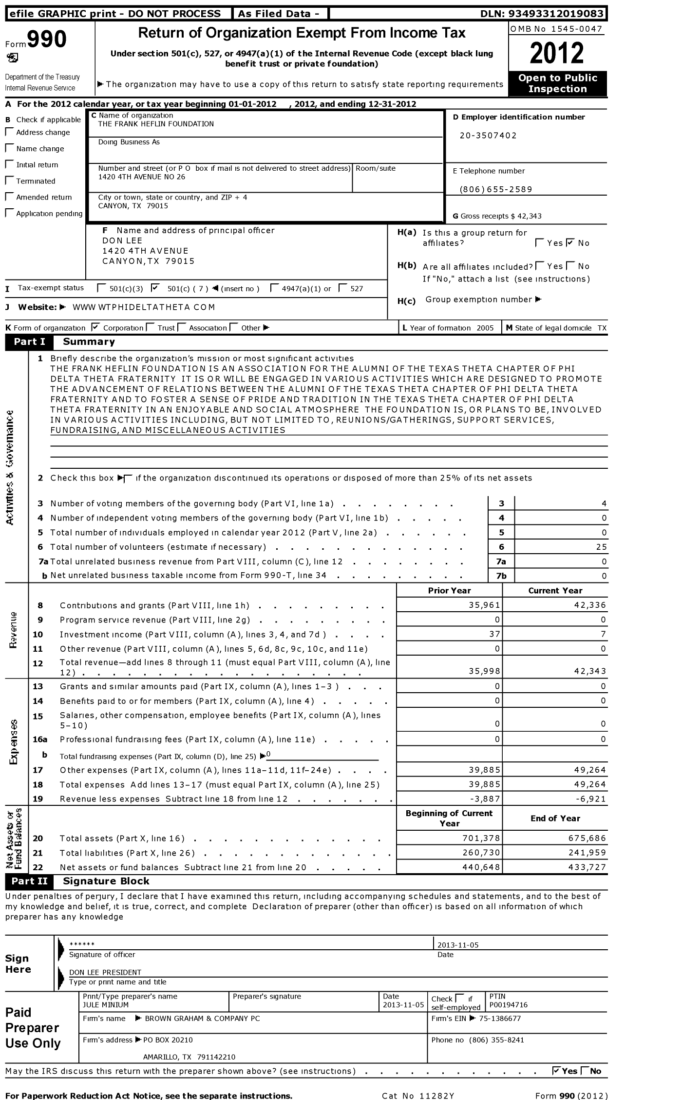 Image of first page of 2012 Form 990O for Frank Heflin Foundation