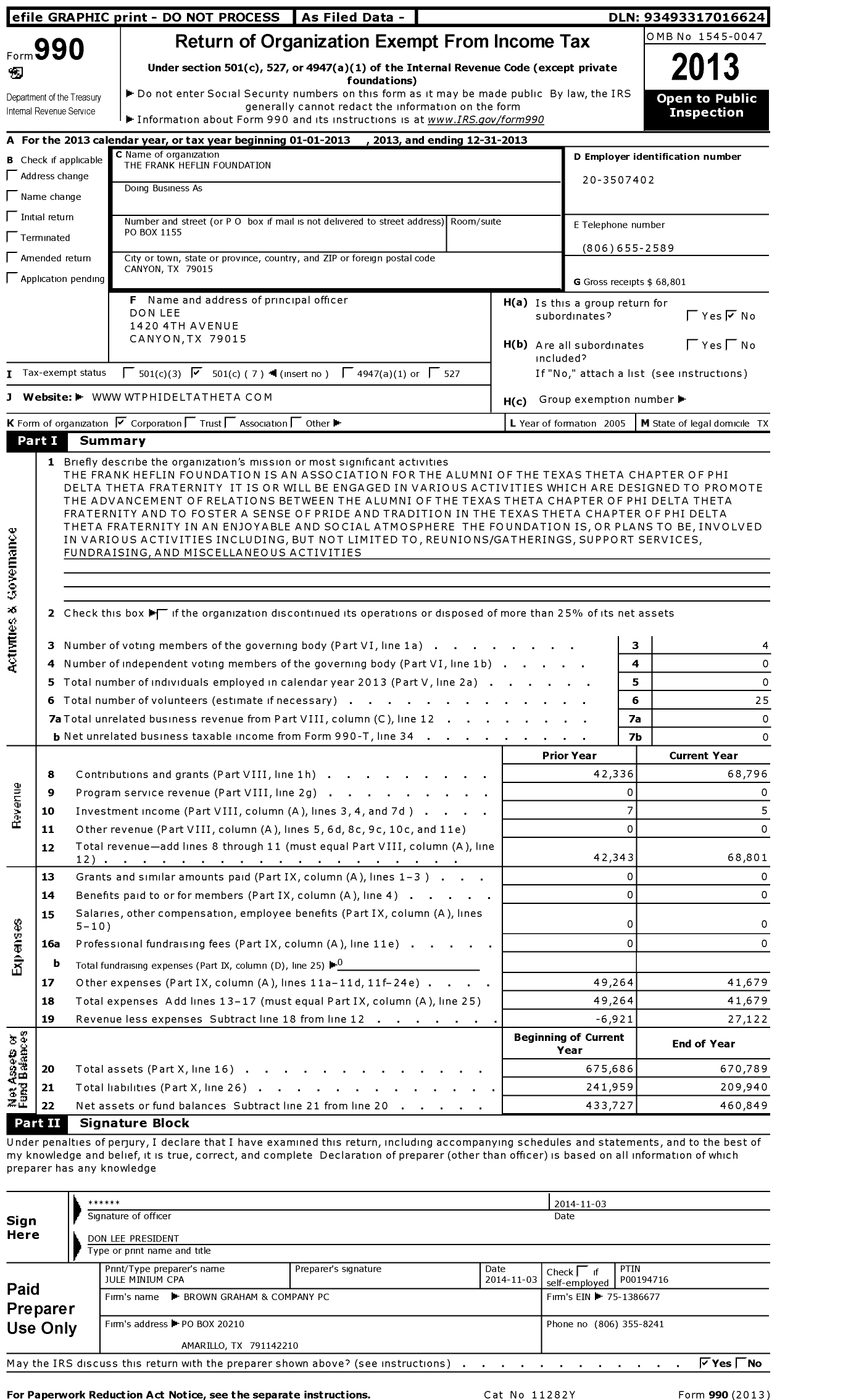 Image of first page of 2013 Form 990O for Frank Heflin Foundation