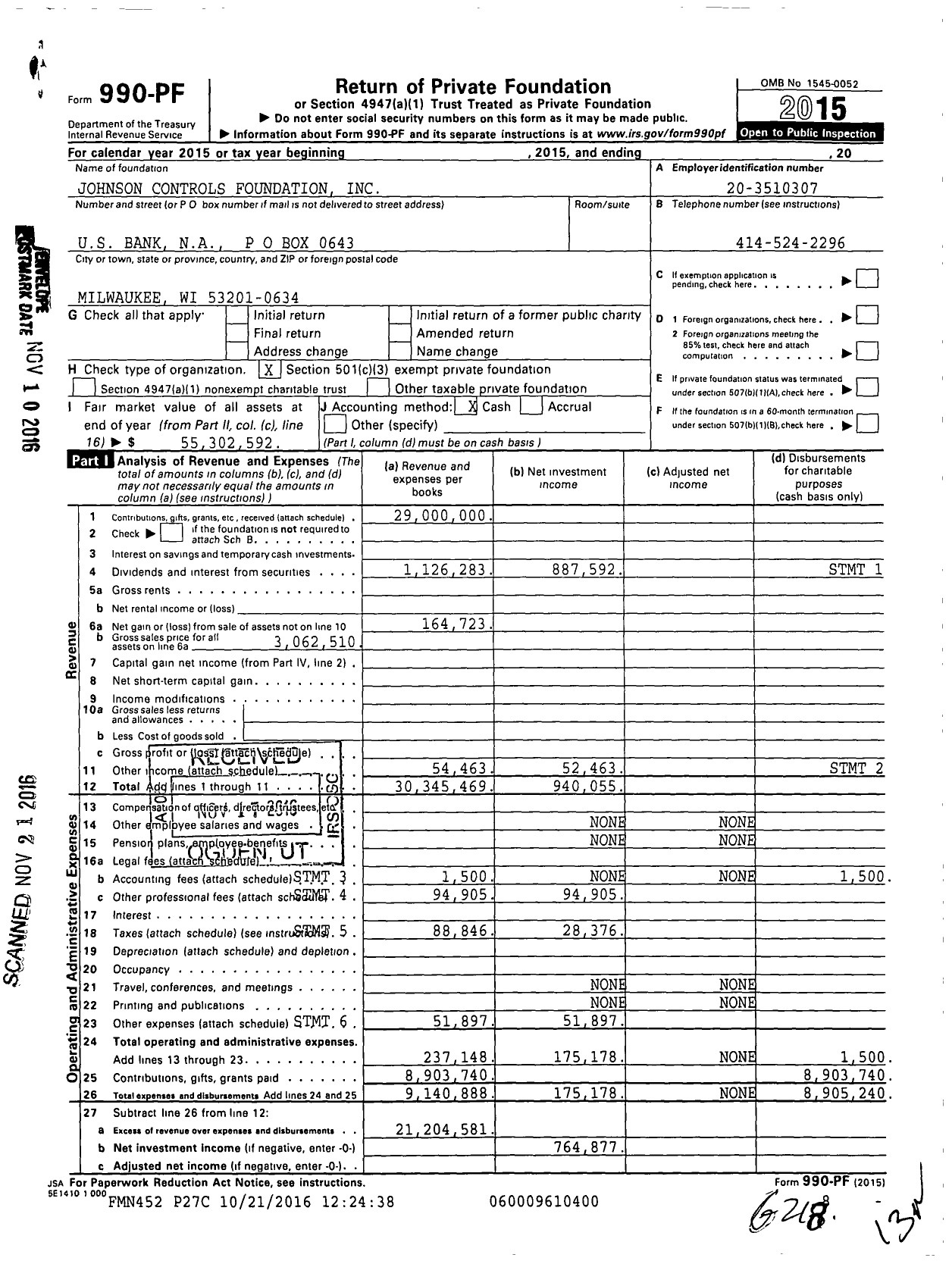 Image of first page of 2015 Form 990PF for Johnson Controls Foundation