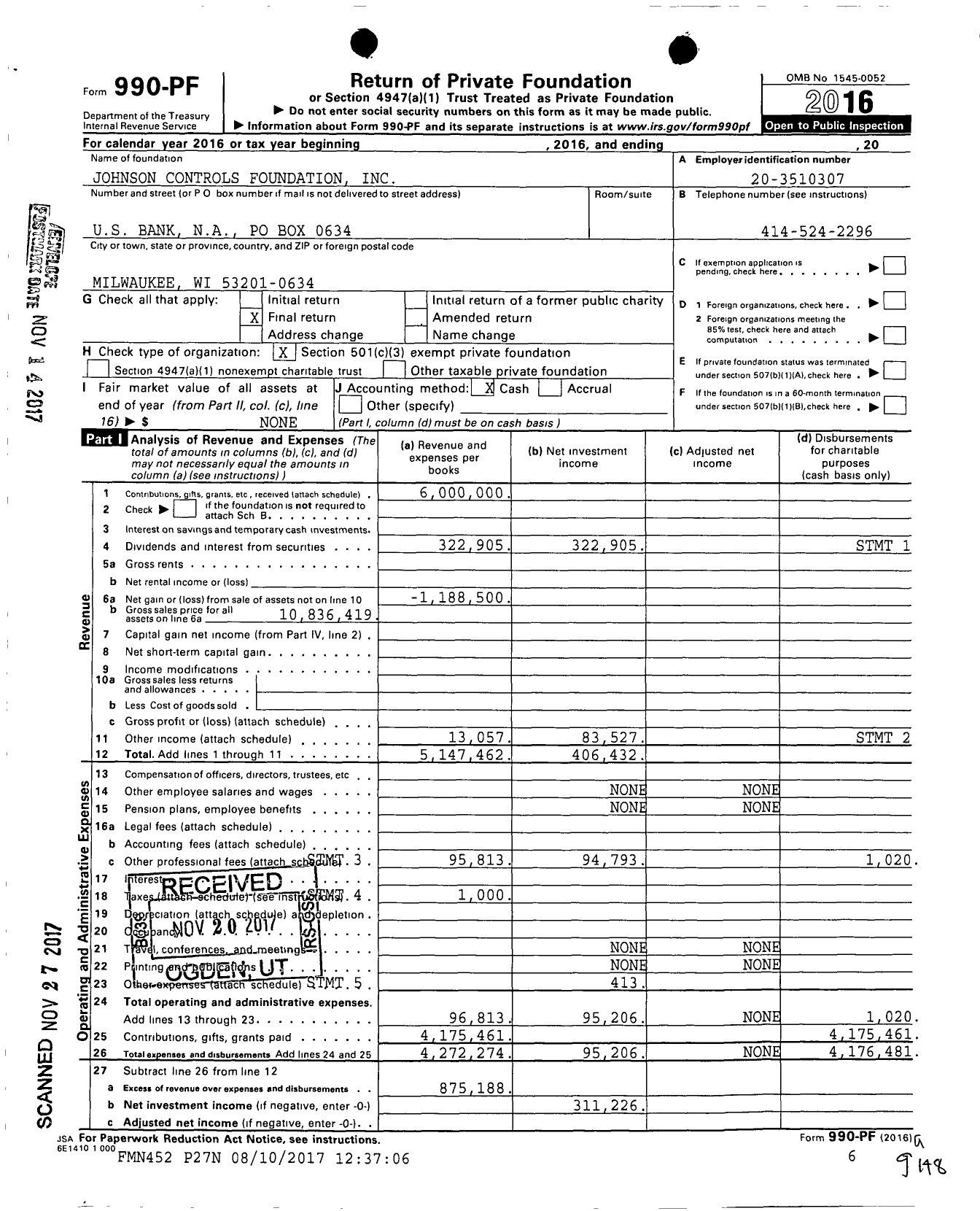 Image of first page of 2016 Form 990PF for Johnson Controls Foundation