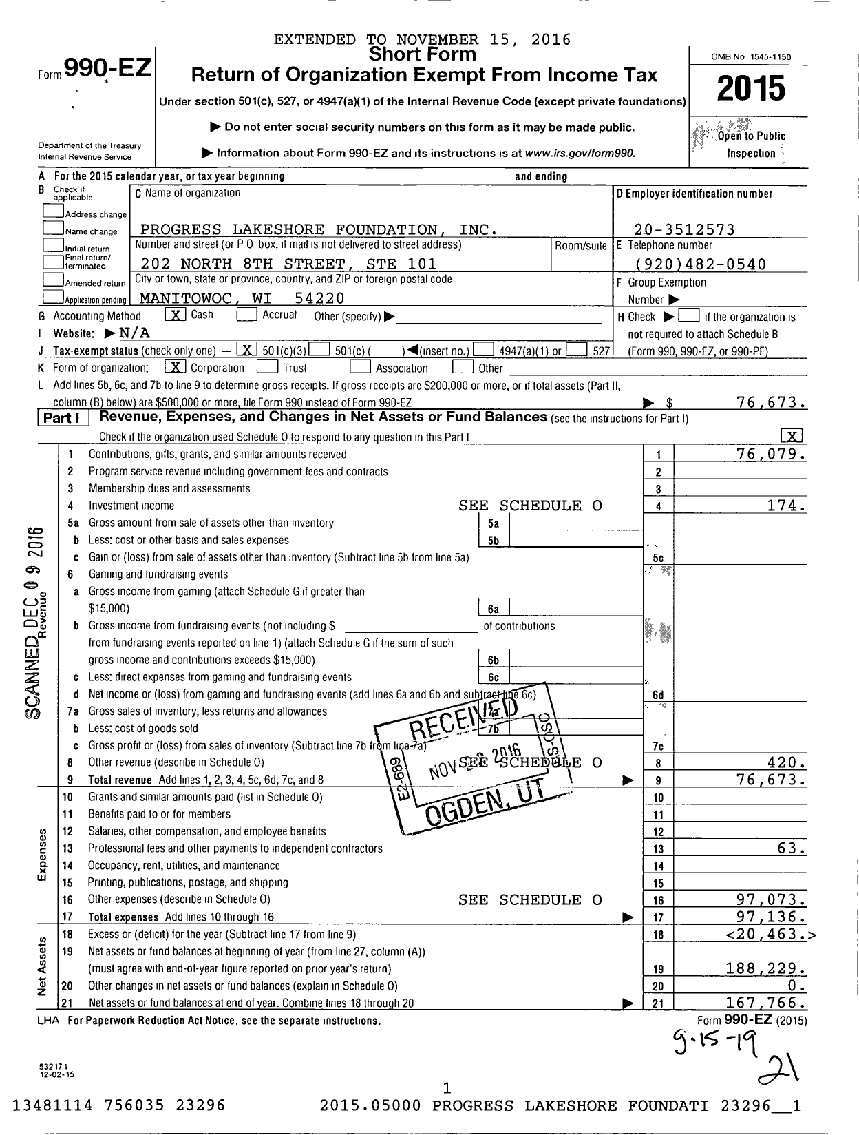 Image of first page of 2015 Form 990EZ for Progress Lakeshore Foundation