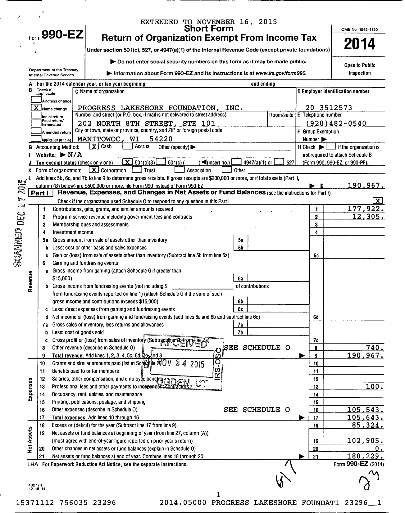 Image of first page of 2014 Form 990EZ for Progress Lakeshore Foundation