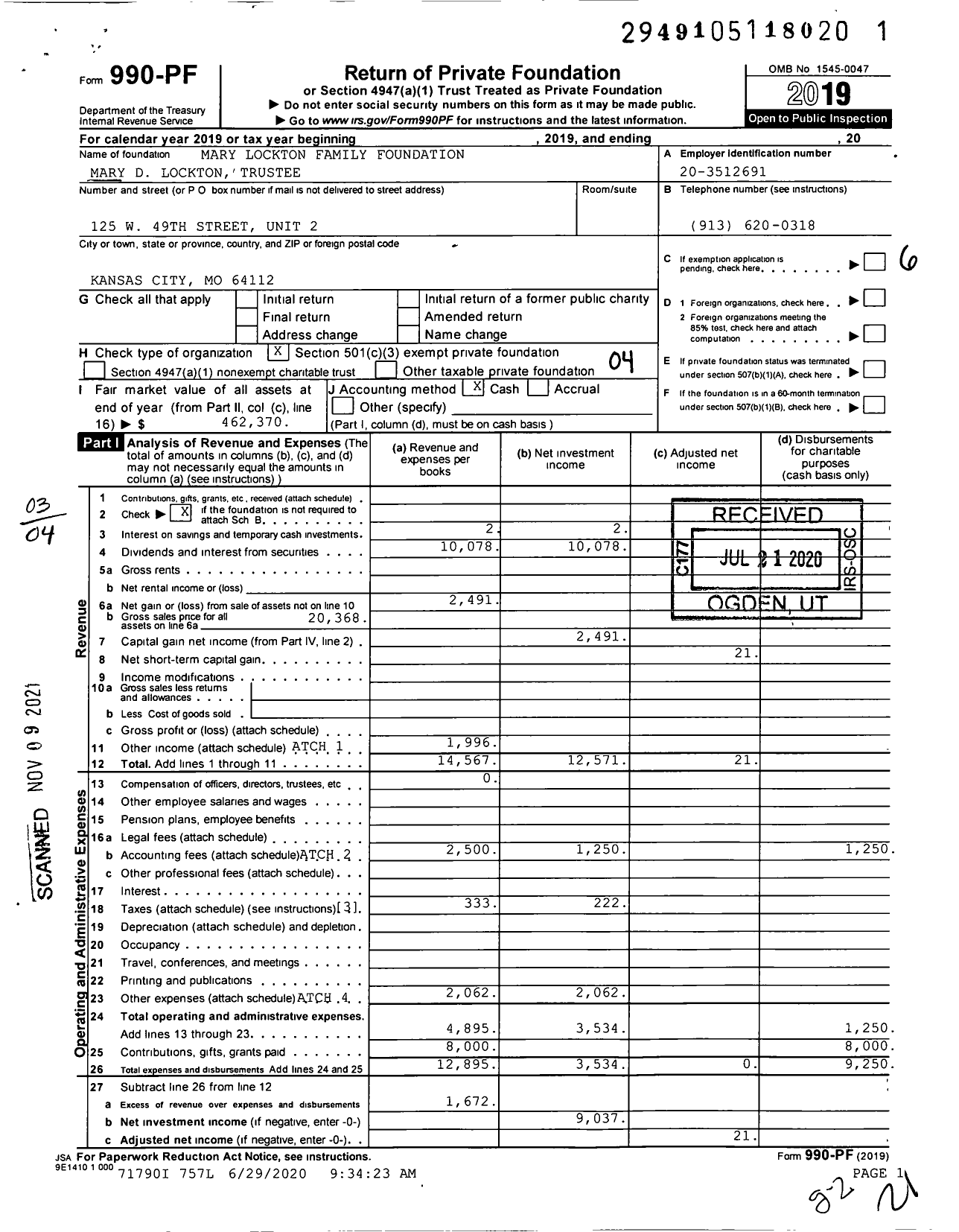 Image of first page of 2019 Form 990PF for Mary Lockton Family Foundation