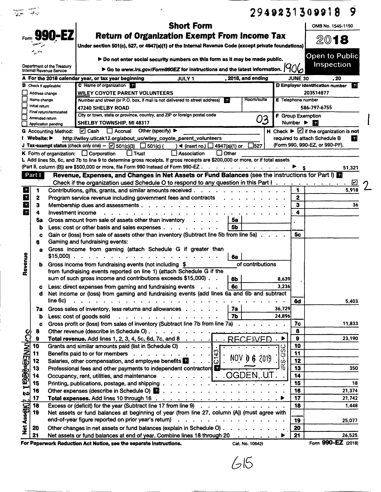 Image of first page of 2018 Form 990EZ for Wiley Coyote Parent Volunteers