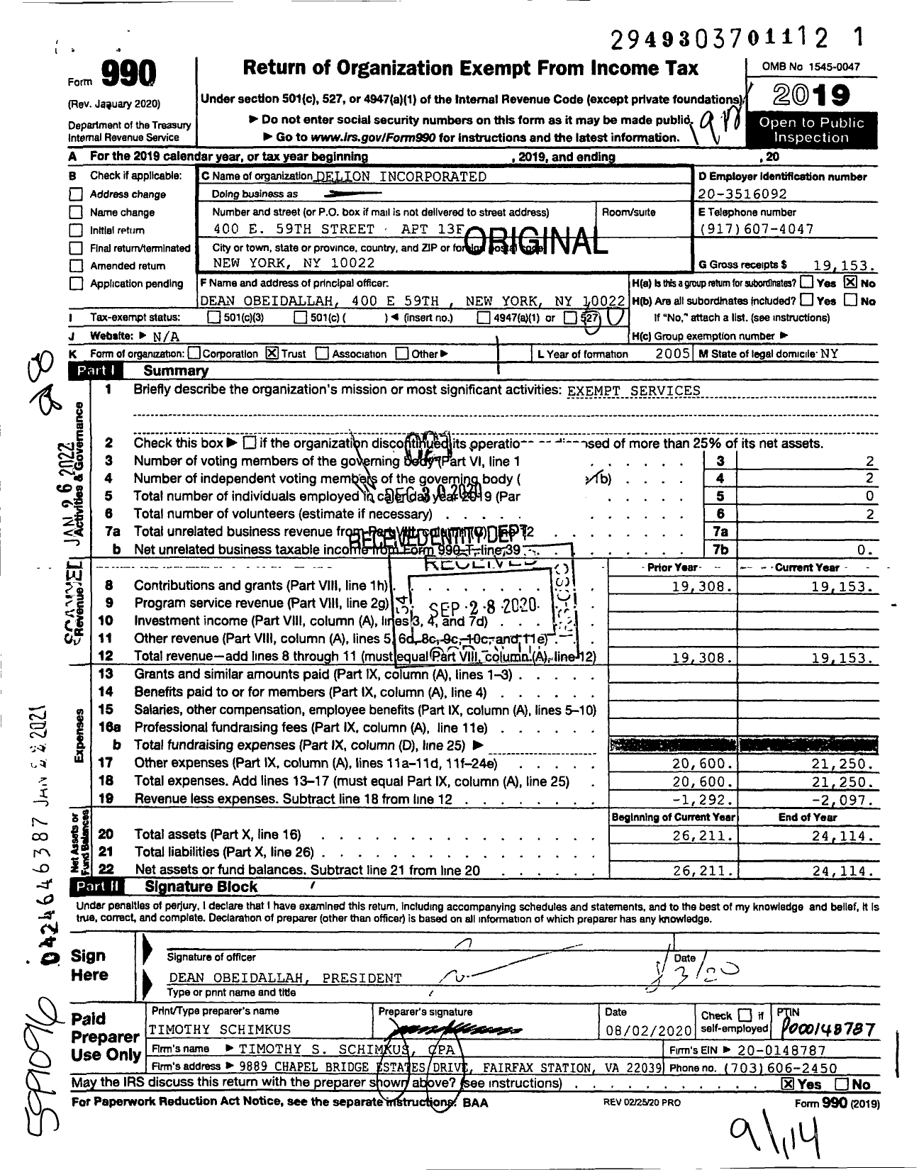 Image of first page of 2019 Form 990O for Delion Incorporated