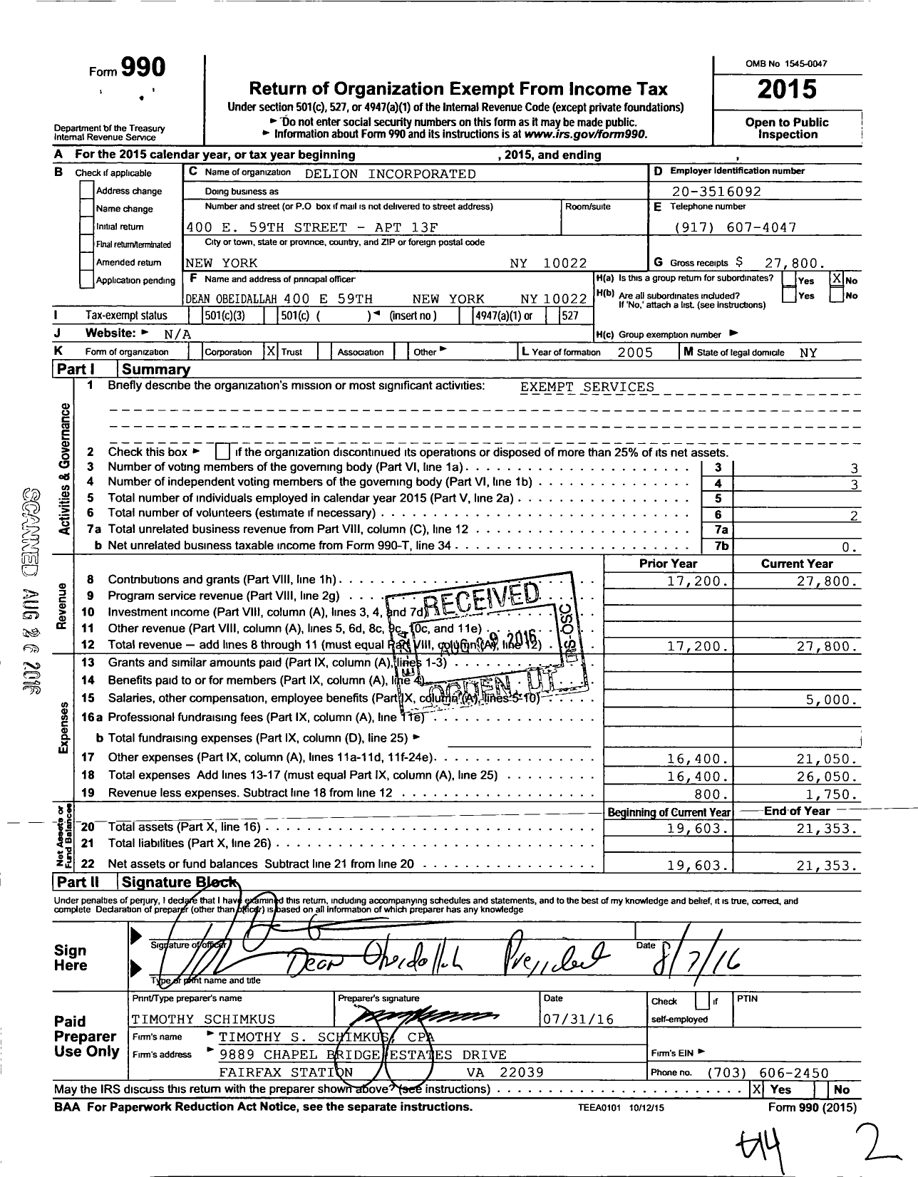 Image of first page of 2015 Form 990O for Delion Incorporated