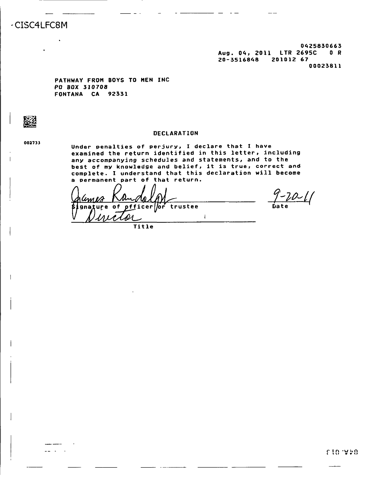 Image of first page of 2010 Form 990ER for Pathway From Boys To Men