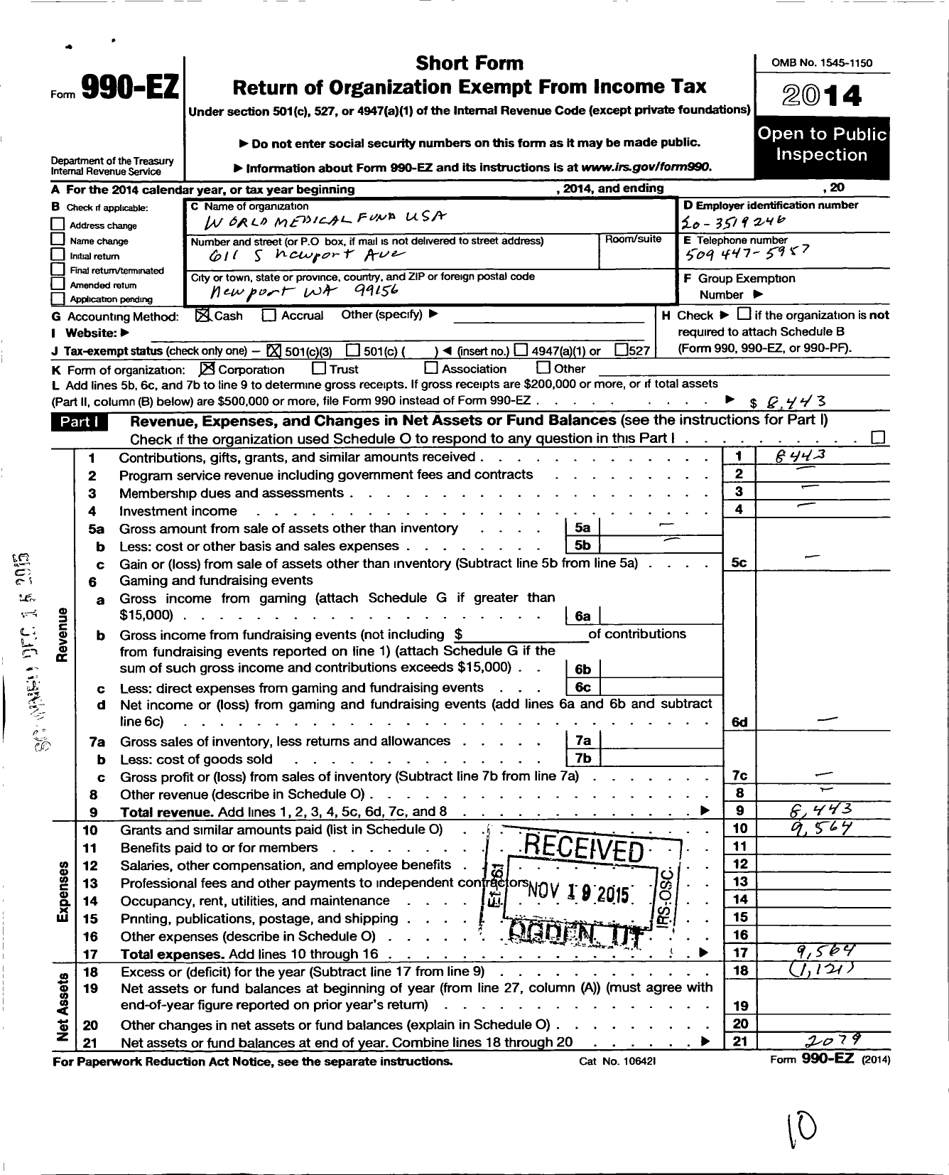 Image of first page of 2014 Form 990EZ for World Medical Fund USA