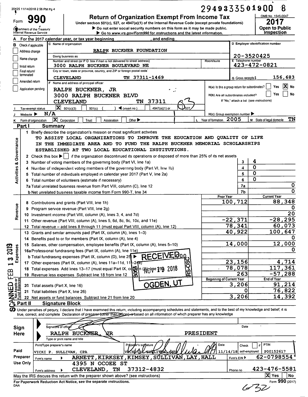Image of first page of 2017 Form 990 for Ralph Buckner Foundation