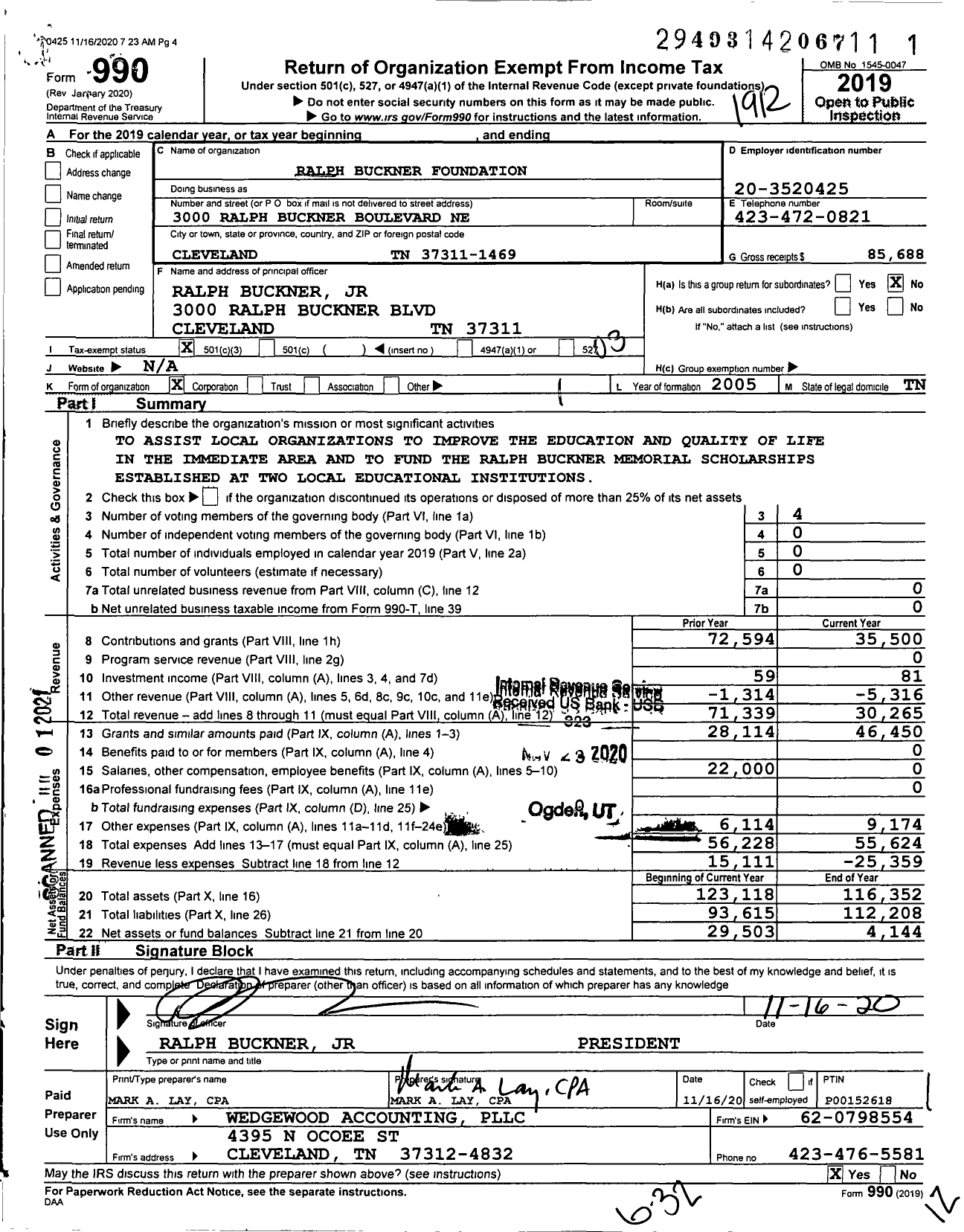 Image of first page of 2019 Form 990 for Ralph Buckner Foundation
