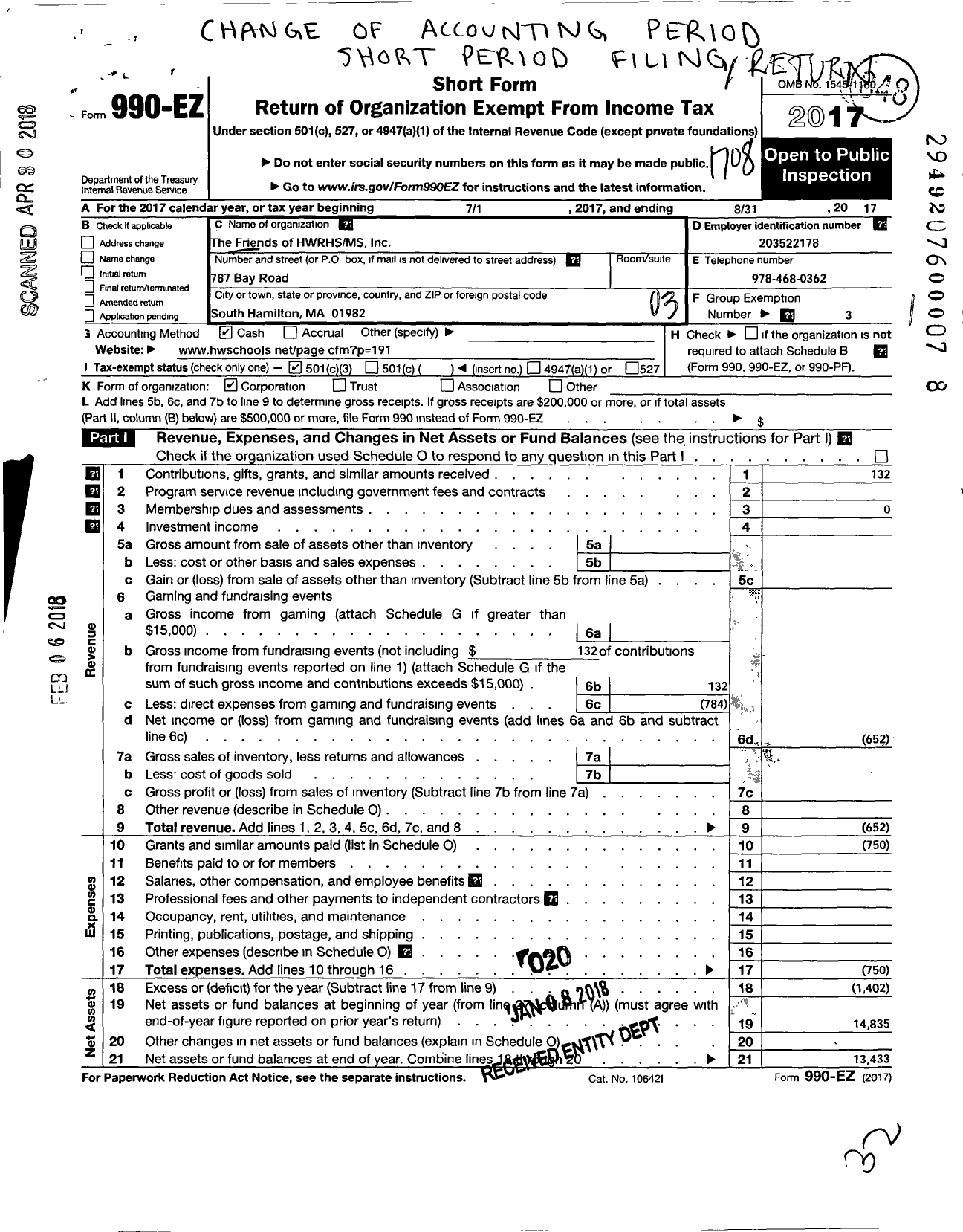 Image of first page of 2016 Form 990EZ for The Friends of HWRHS-MS