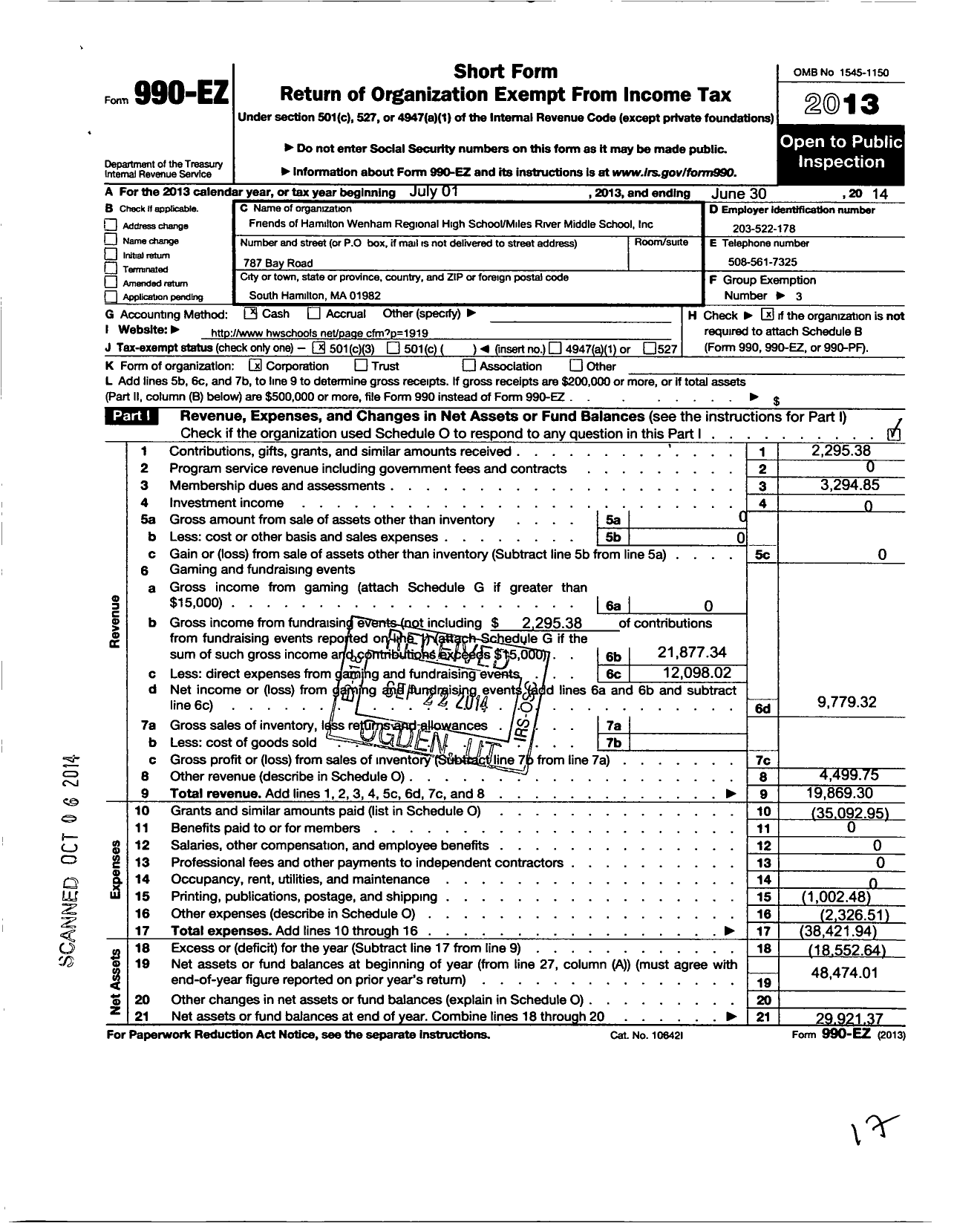 Image of first page of 2013 Form 990EZ for The Friends of HWRHS-MS