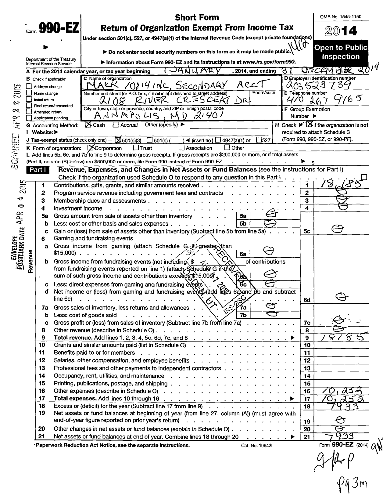 Image of first page of 2014 Form 990EZ for Mark 10 14 Secondary Account