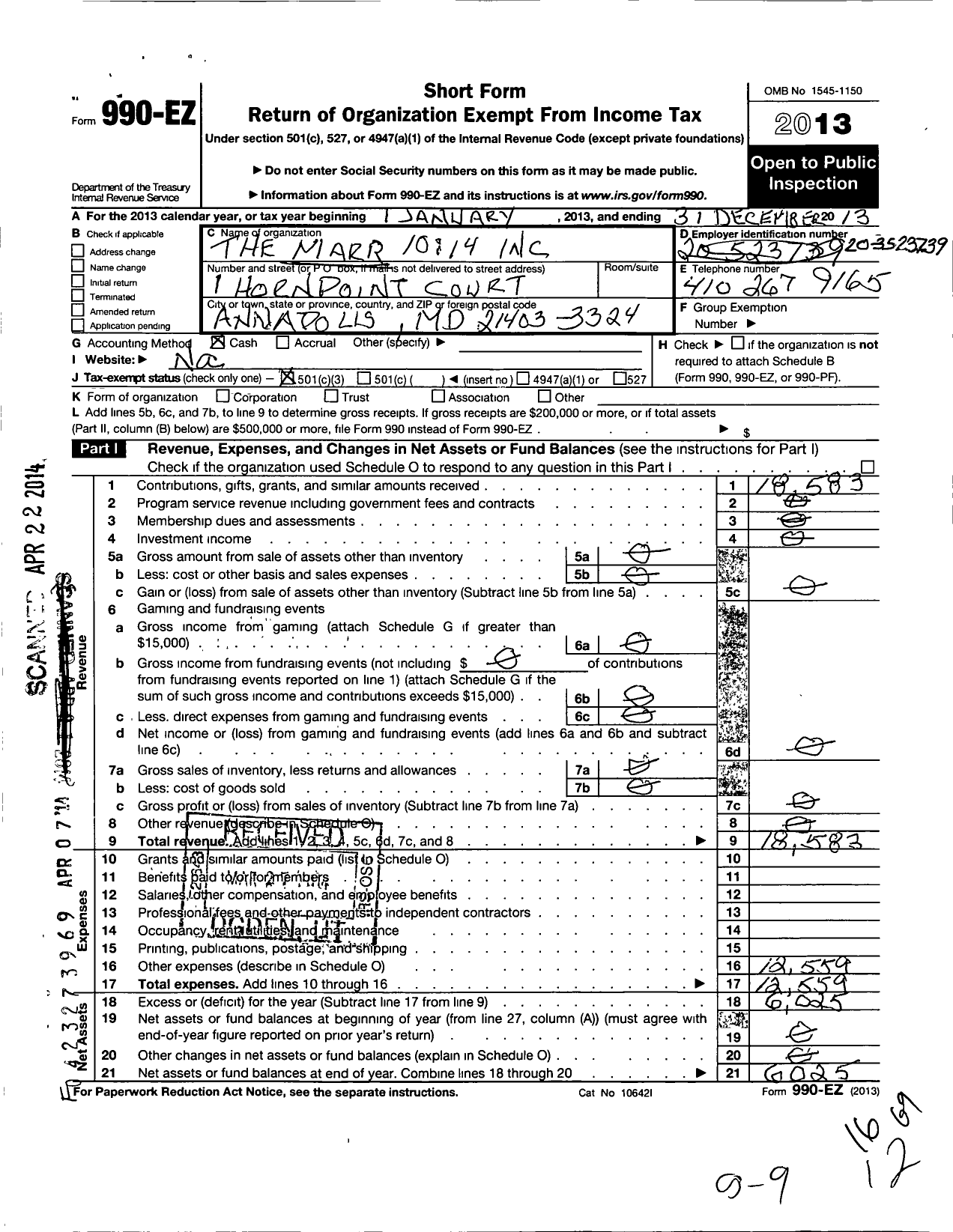 Image of first page of 2013 Form 990EZ for Mark 10 14 Secondary Account