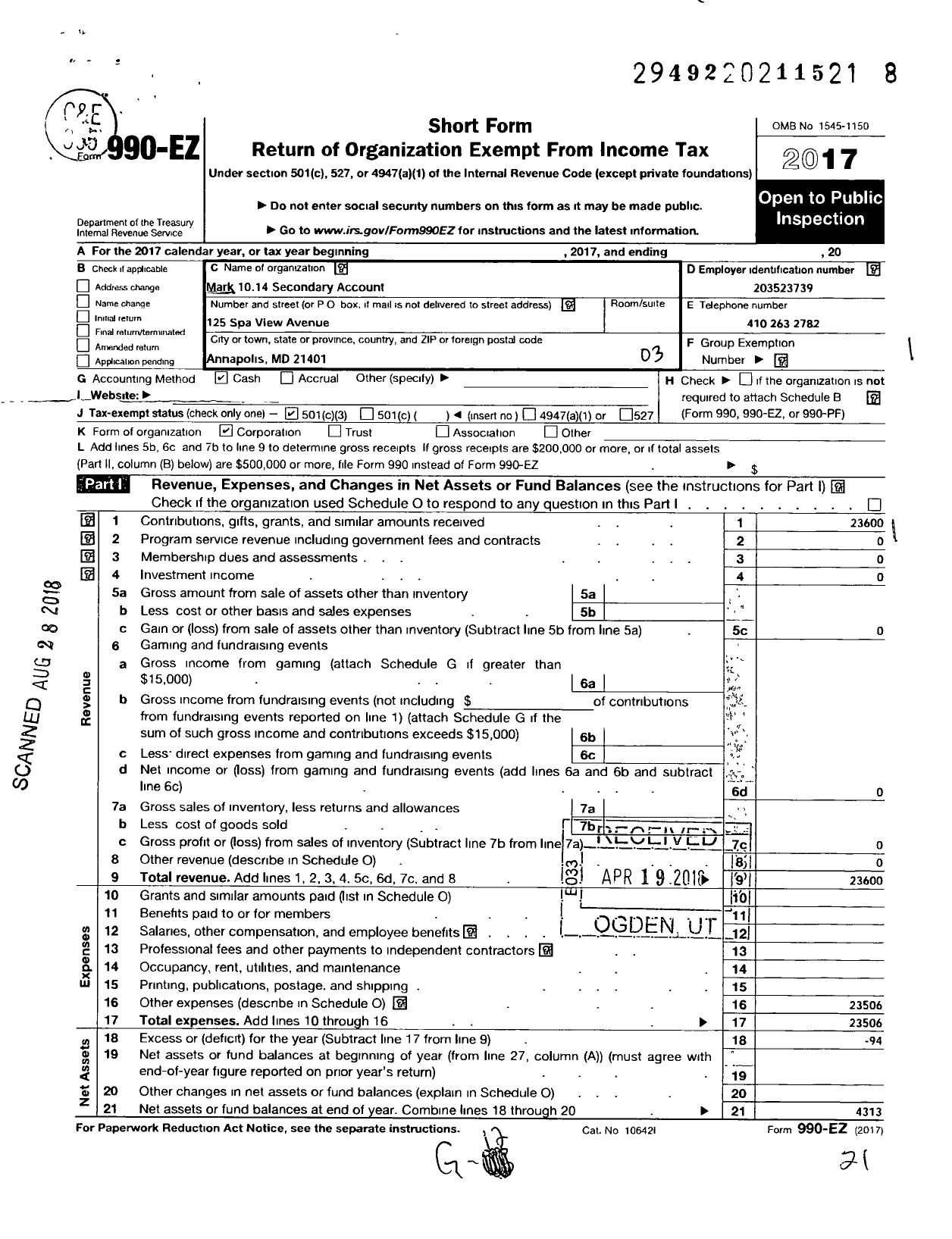 Image of first page of 2017 Form 990EZ for Mark 10 14 Secondary Account