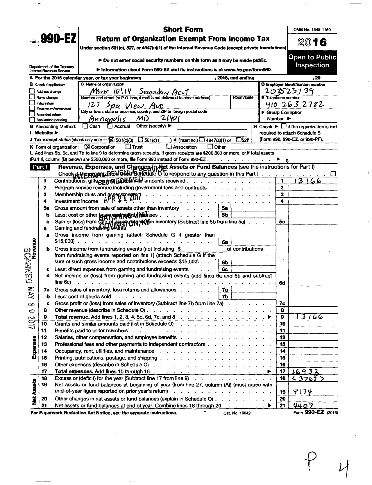 Image of first page of 2016 Form 990EZ for Mark 10 14 Secondary Account