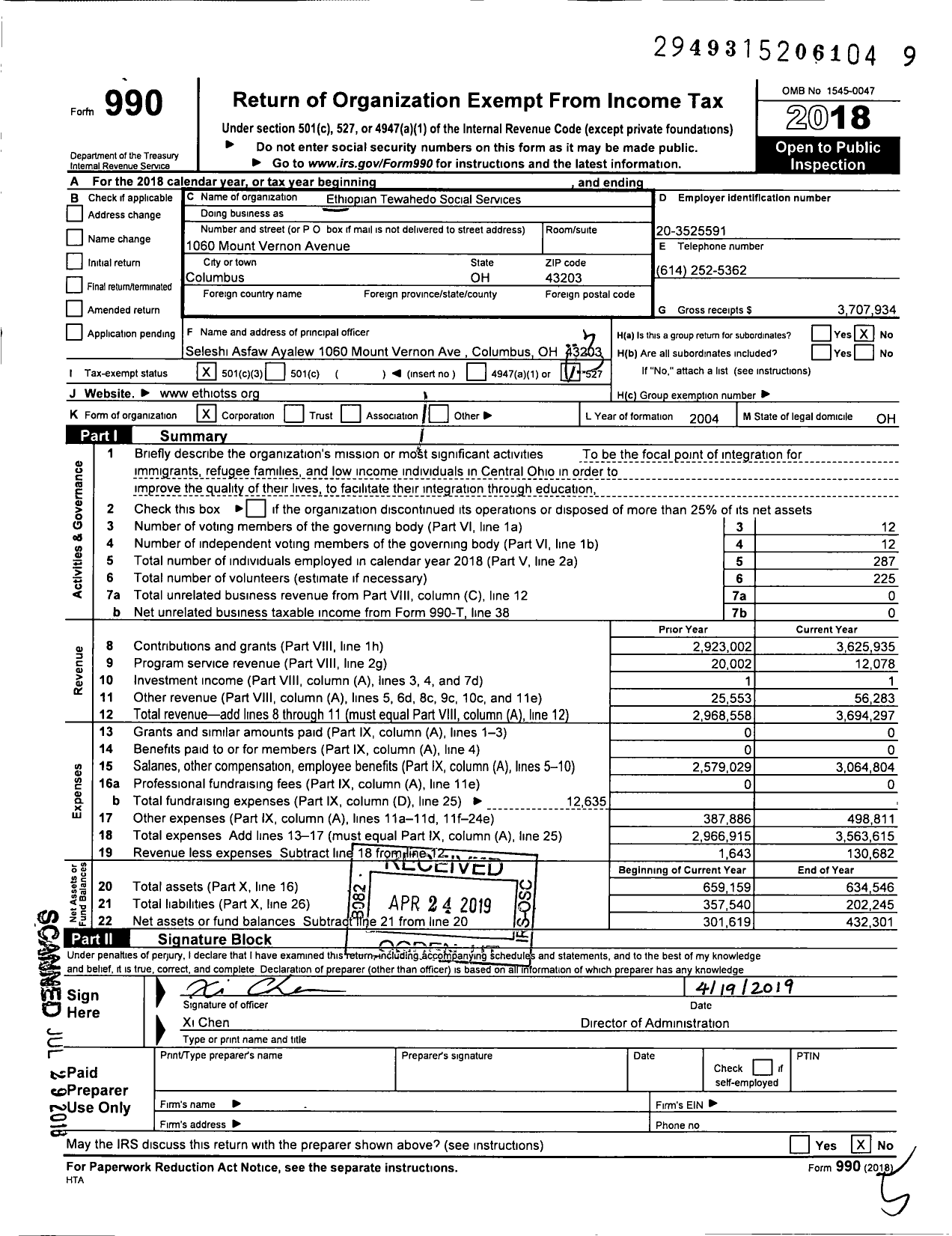 Image of first page of 2018 Form 990 for Ethiopian Tewahedo Social Services