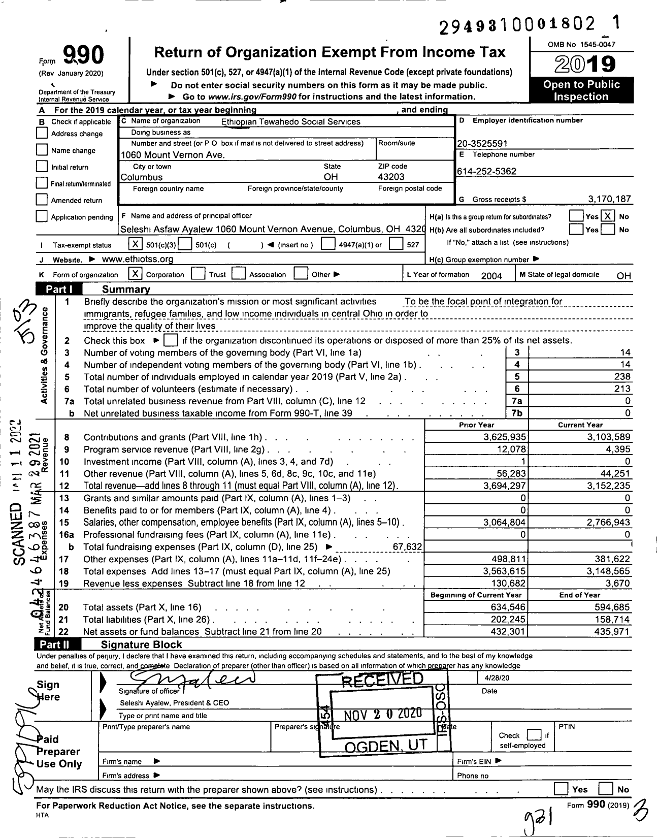 Image of first page of 2019 Form 990 for Ethiopian Tewahedo Social Services