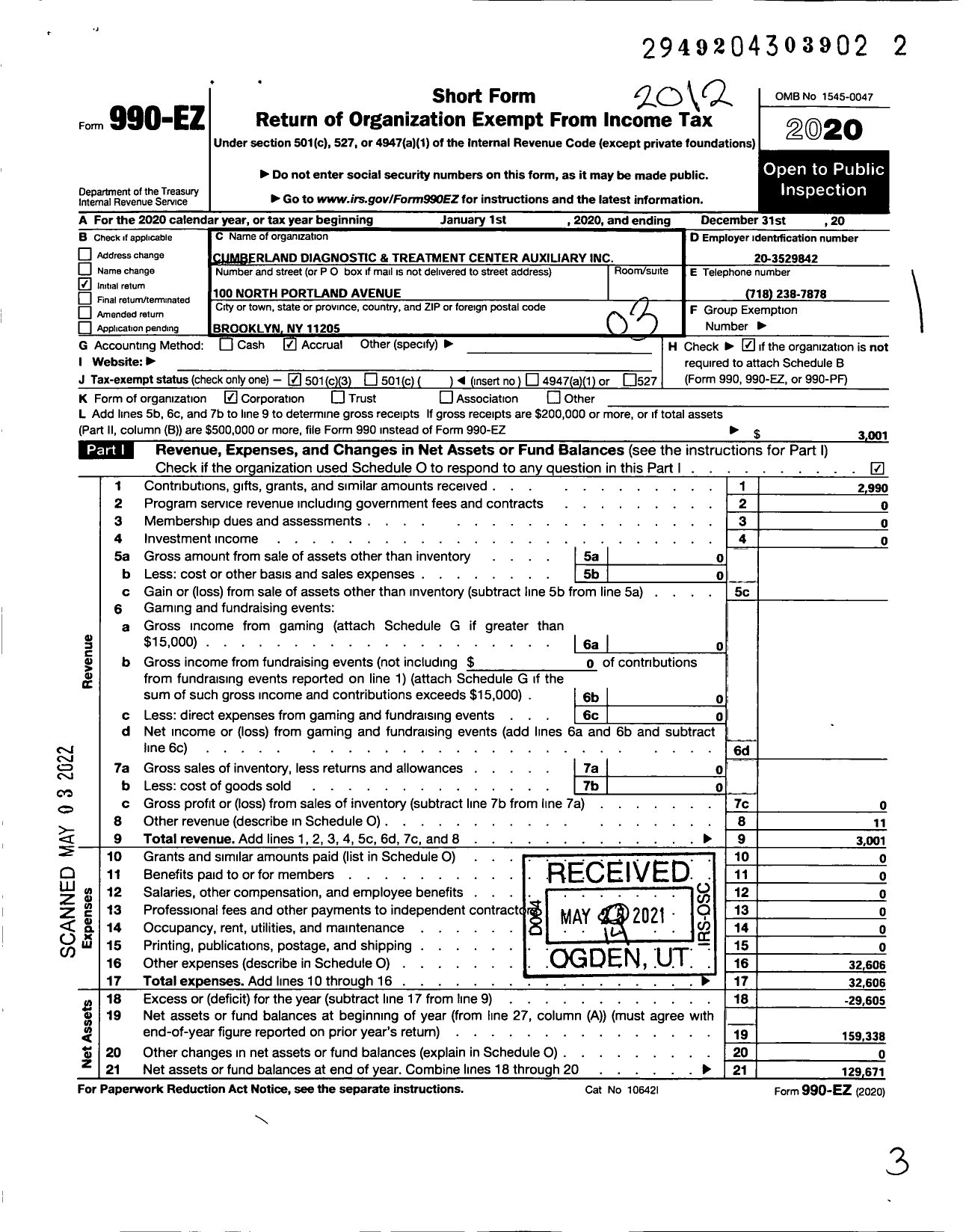 Image of first page of 2020 Form 990EZ for Cumberland Diagnostic and Treatment Center Auxiliary