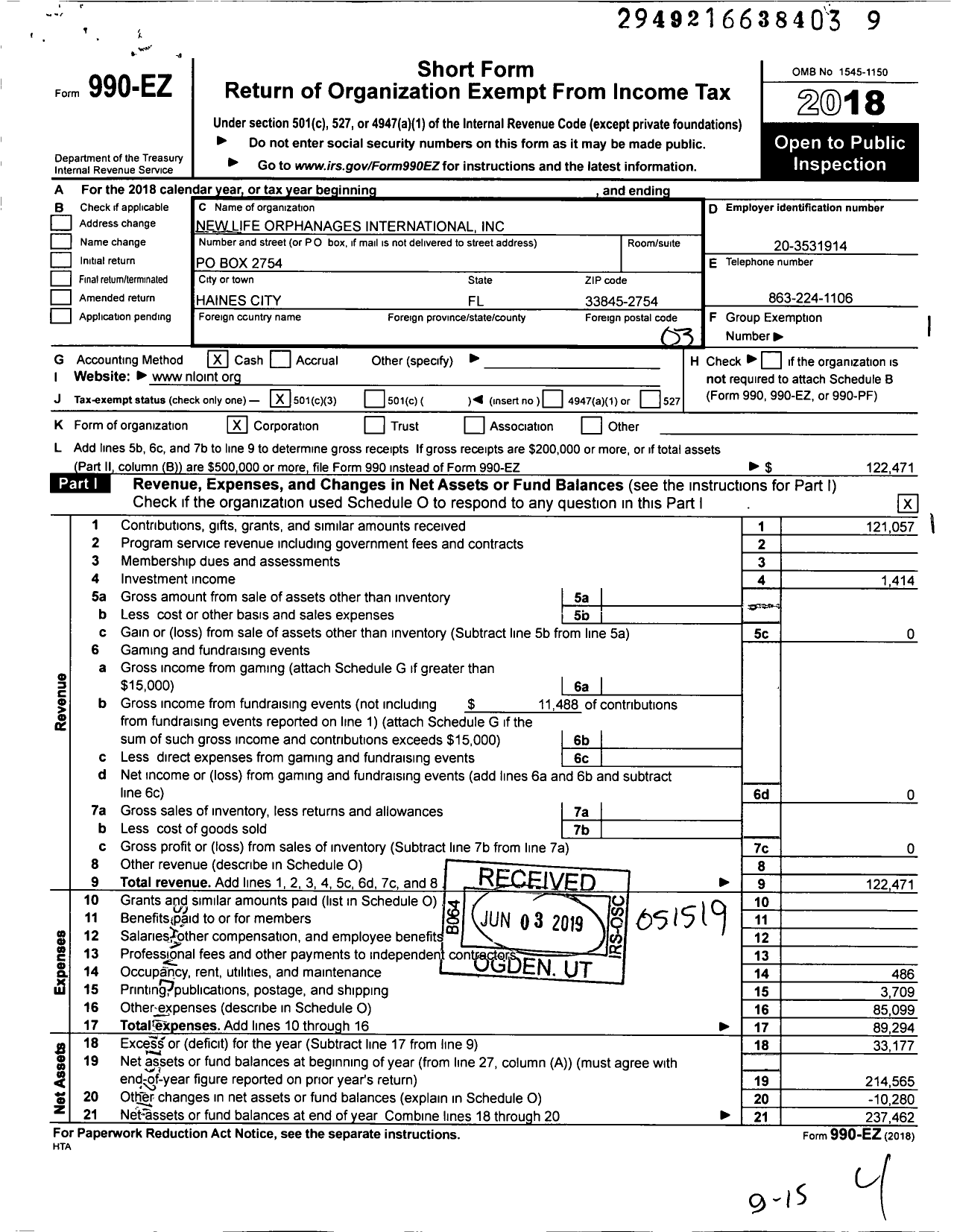 Image of first page of 2018 Form 990EZ for New Life Orphanges International