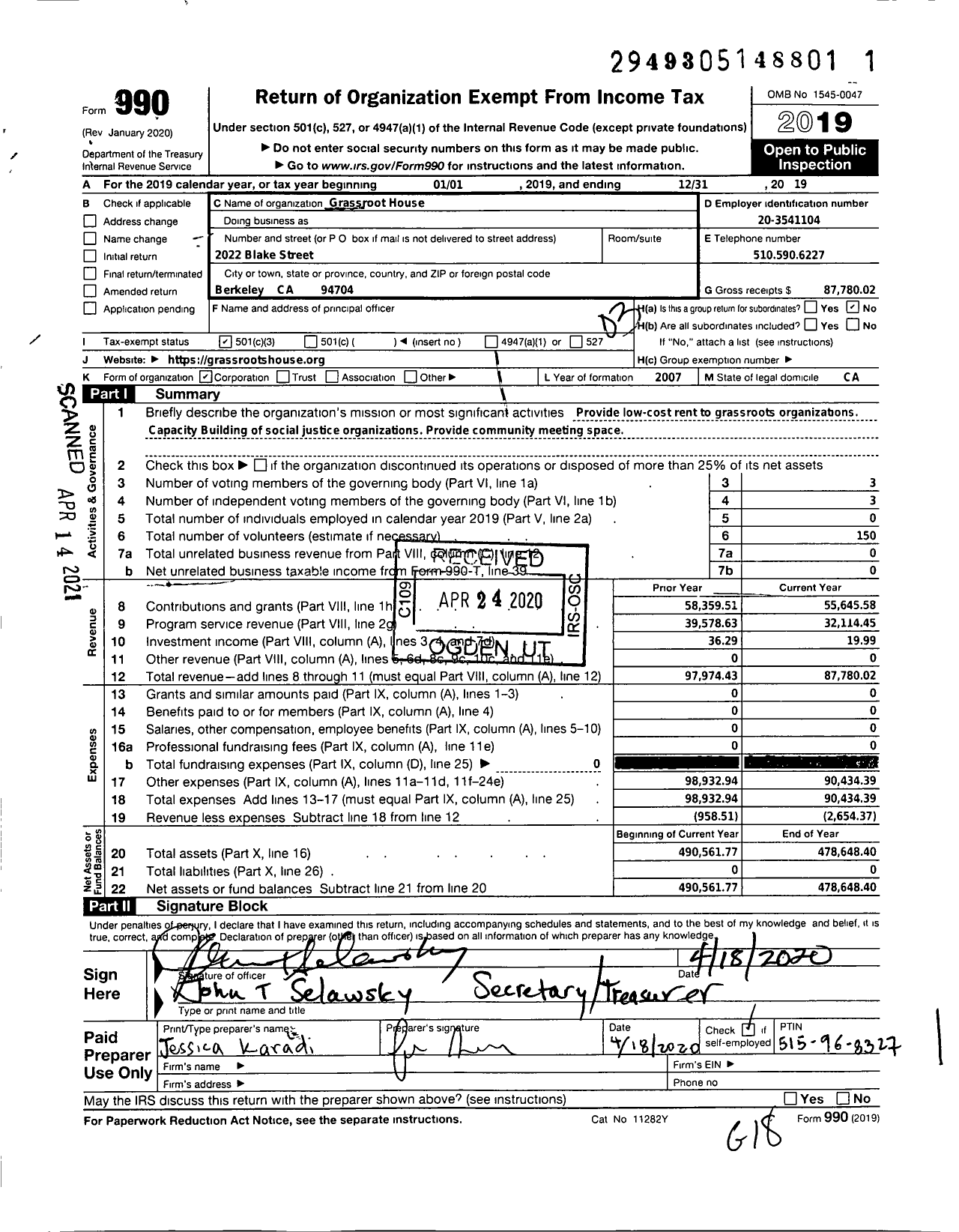 Image of first page of 2019 Form 990 for Grassroots House