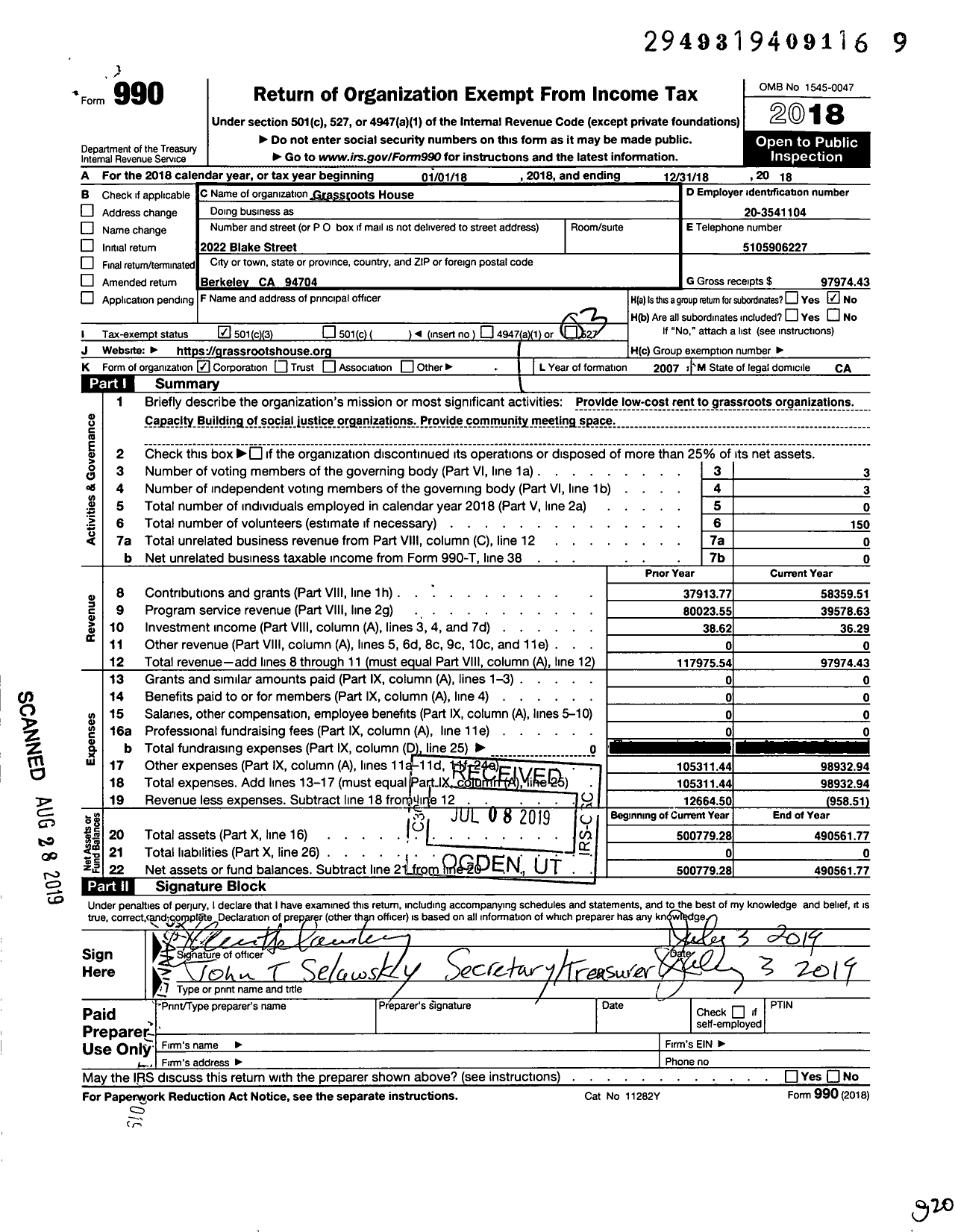 Image of first page of 2018 Form 990 for Grassroots House