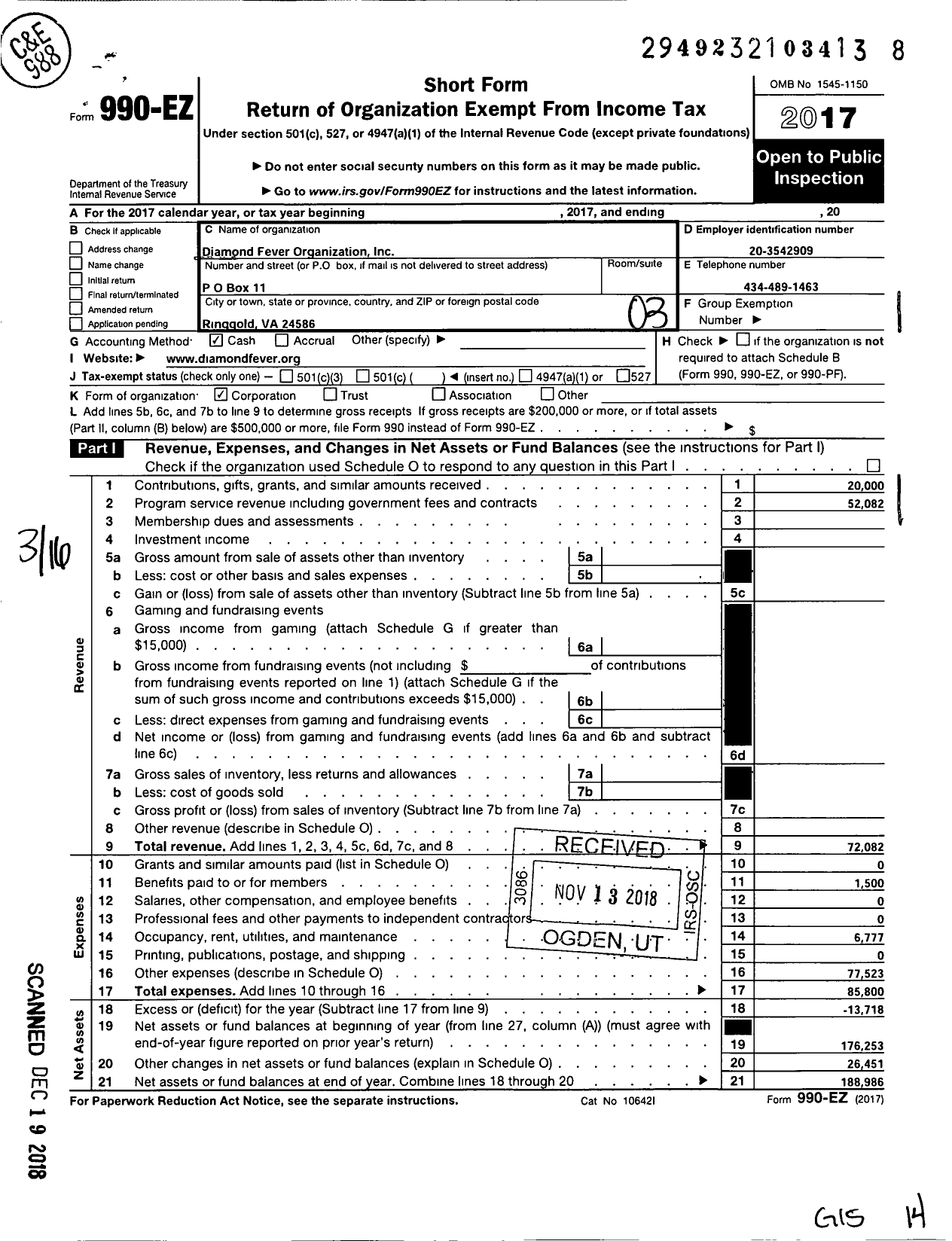 Image of first page of 2017 Form 990EZ for Diamond Fever Girls Fastpitch Softball Organization