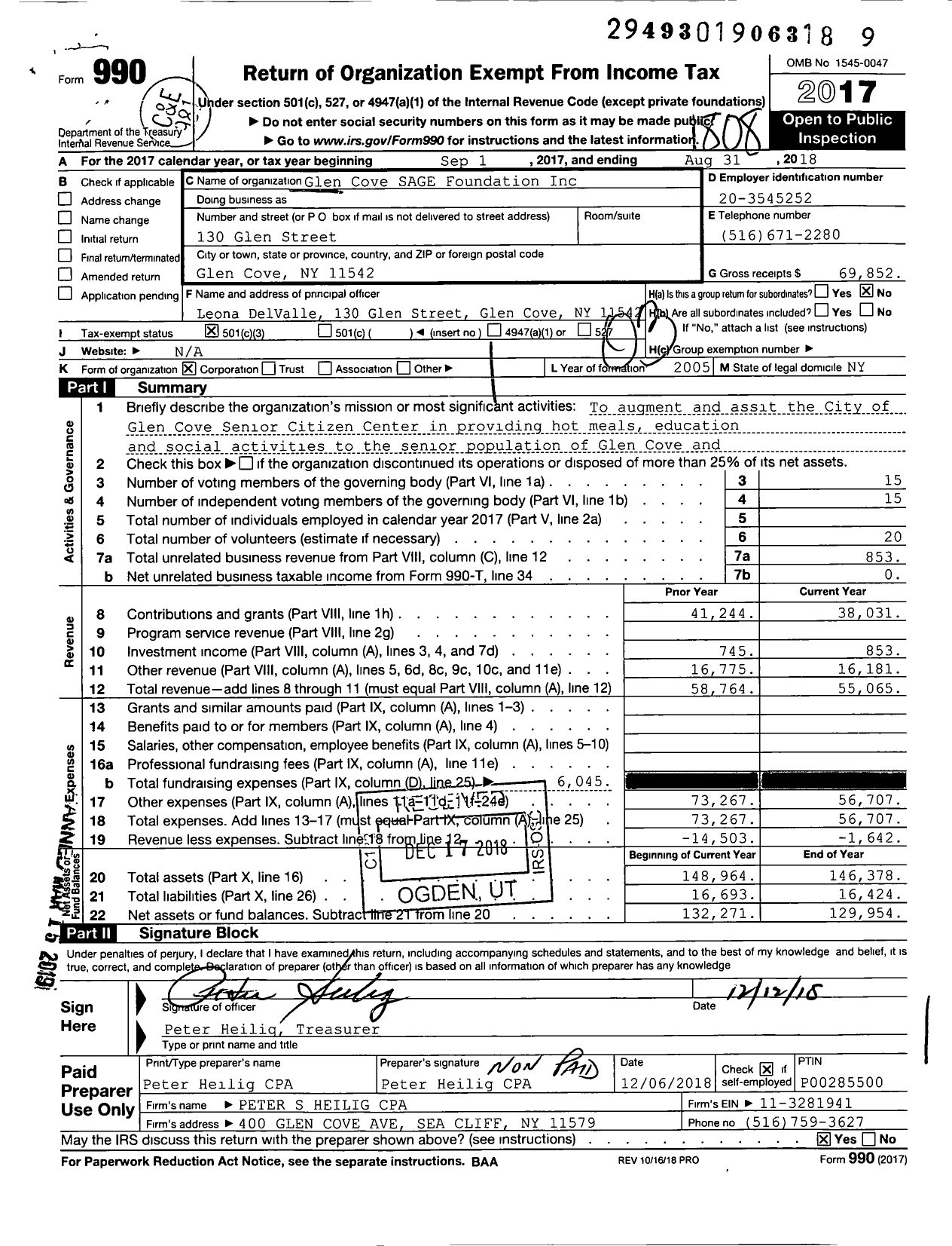 Image of first page of 2017 Form 990 for Glen Cove SAGE Foundation