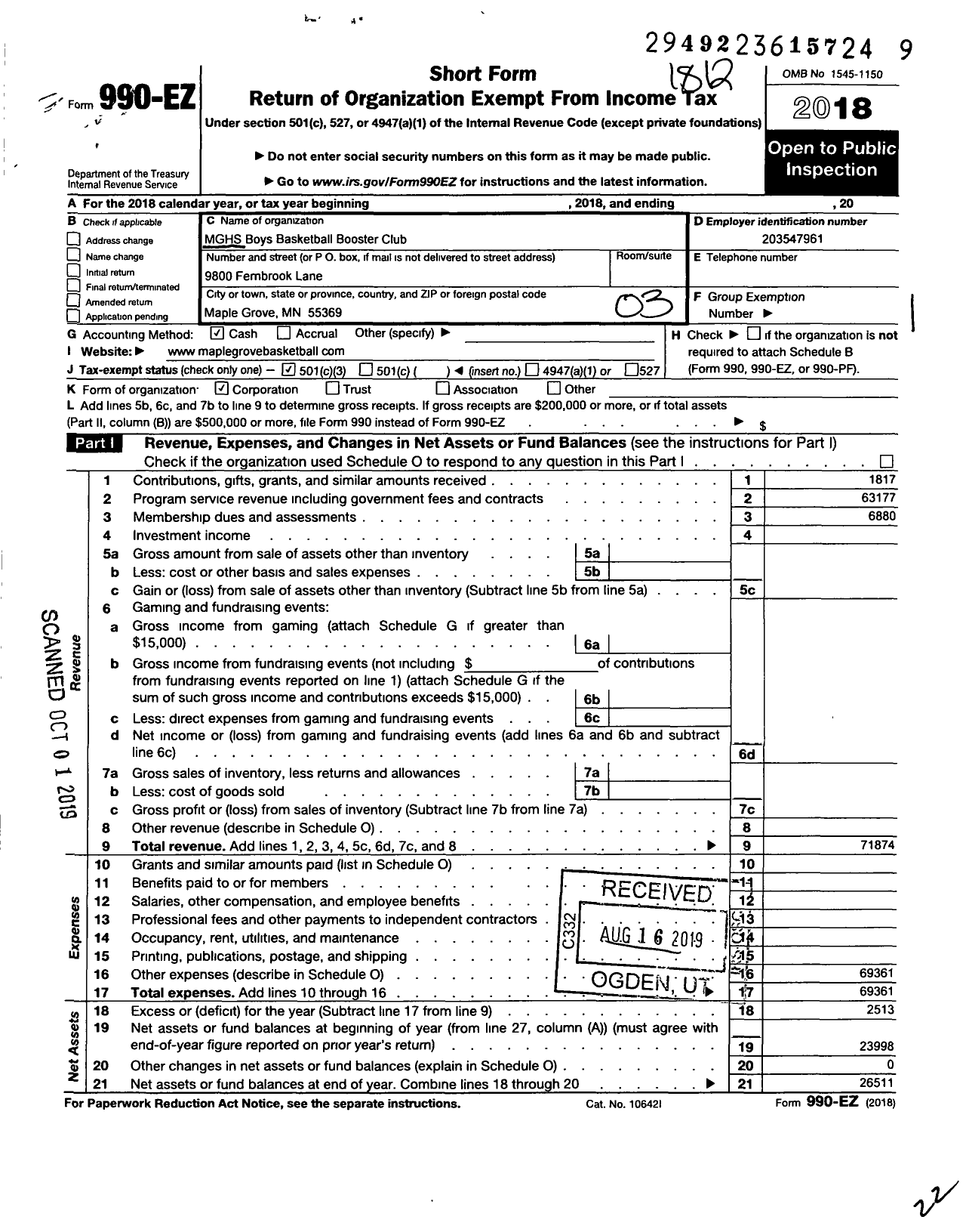 Image of first page of 2018 Form 990EZ for MGHS Boys Basketball Boosters Club