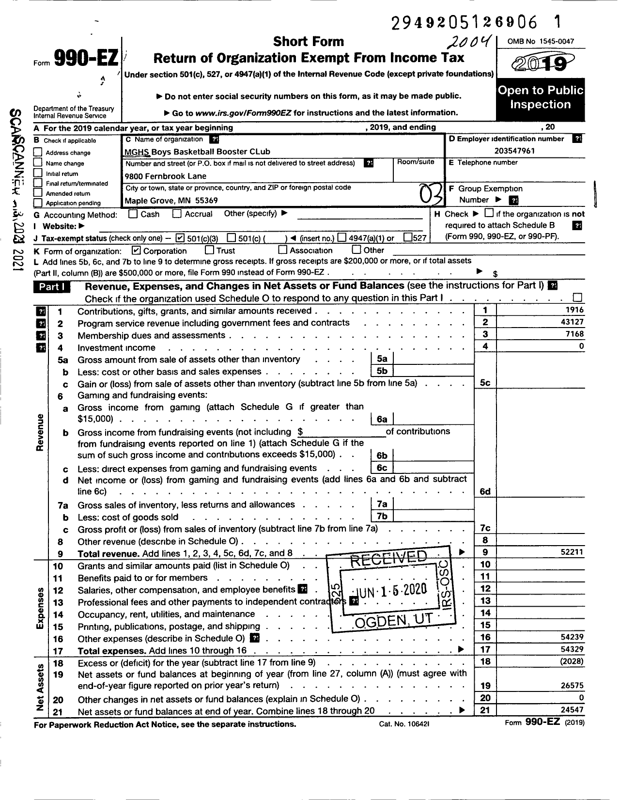 Image of first page of 2019 Form 990EZ for MGHS Boys Basketball Boosters Club