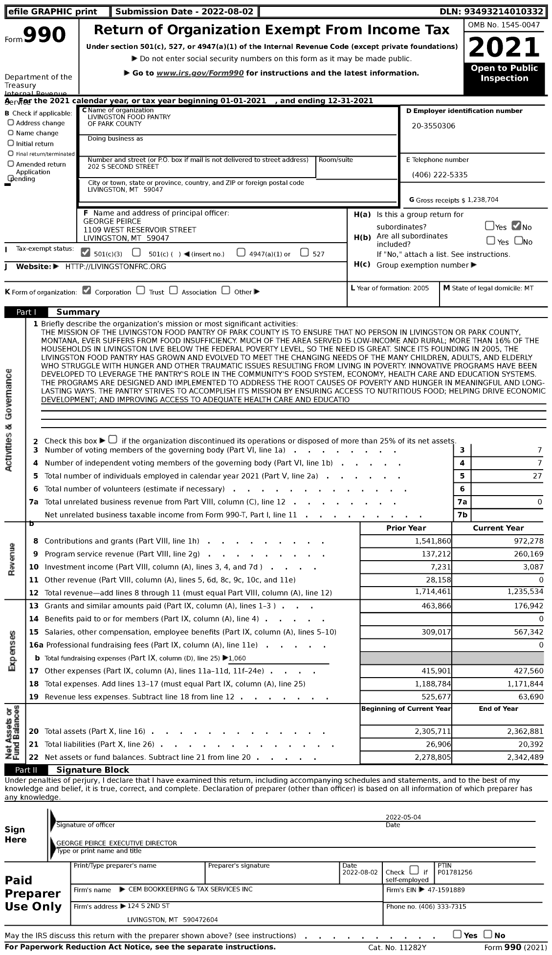 Image of first page of 2021 Form 990 for Livingston Food Pantry of Park County