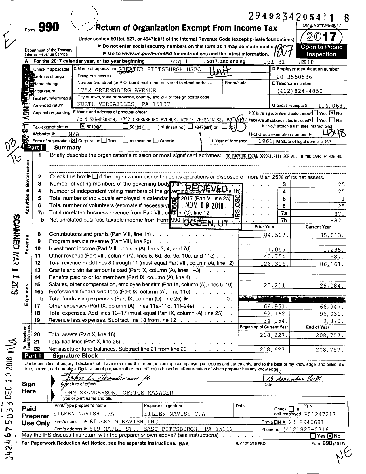 Image of first page of 2017 Form 990EZ for United States Bowling Congress - 86922 GR Pittsburgh Usbc