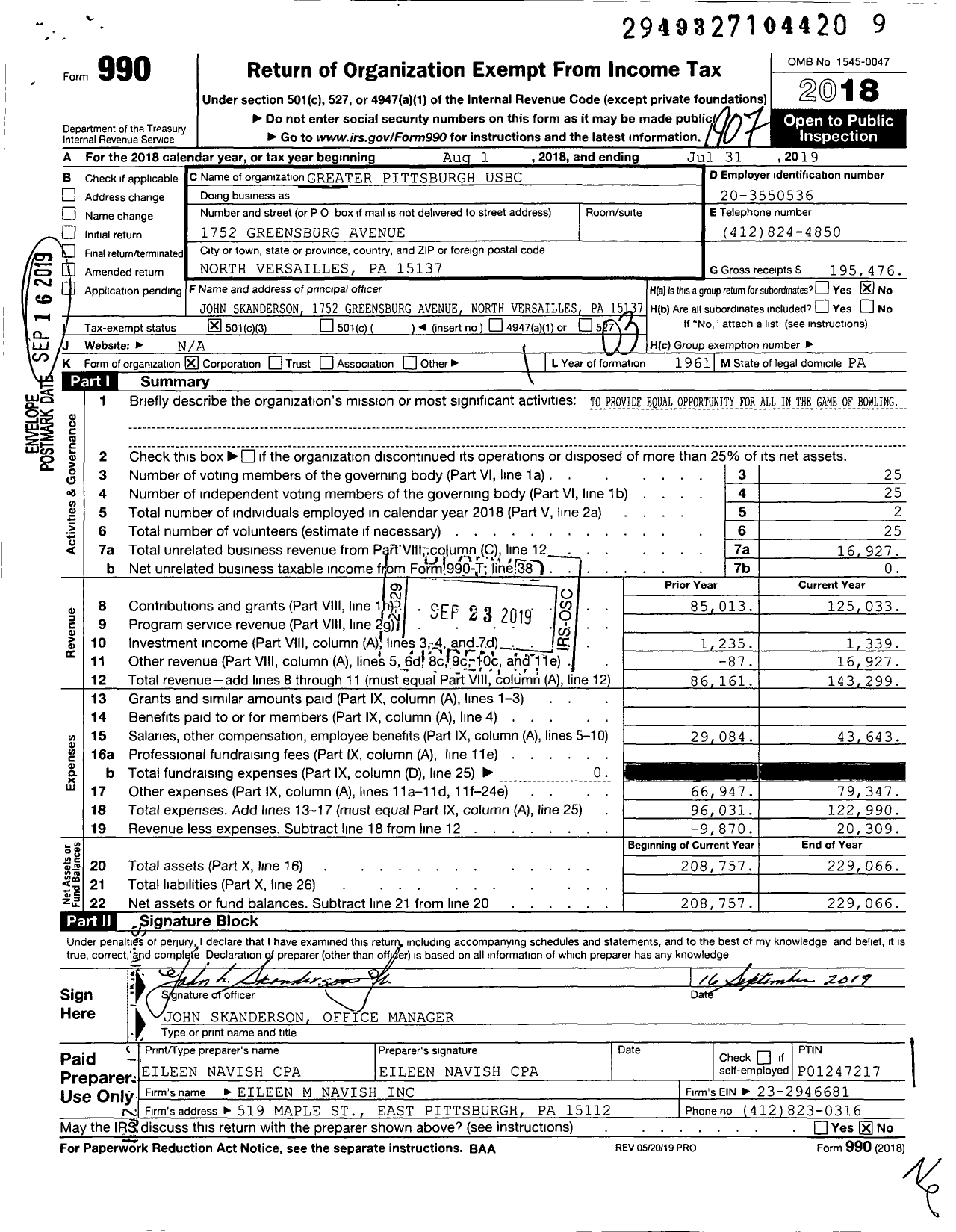 Image of first page of 2018 Form 990 for United States Bowling Congress - 86922 GR Pittsburgh Usbc