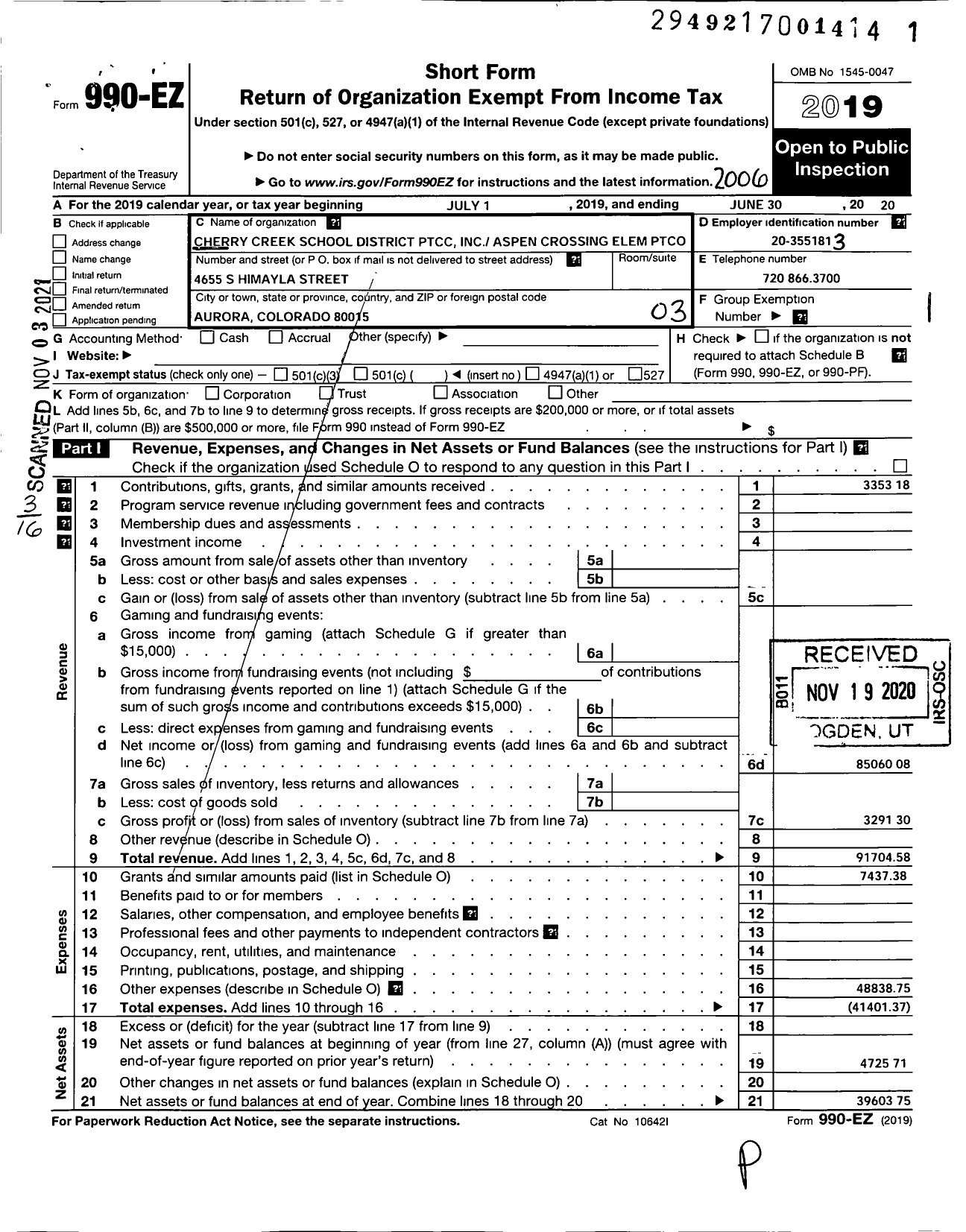 Image of first page of 2019 Form 990EZ for Cherry Creek School District Parent Teac Aspen Crossing Elementary PTO