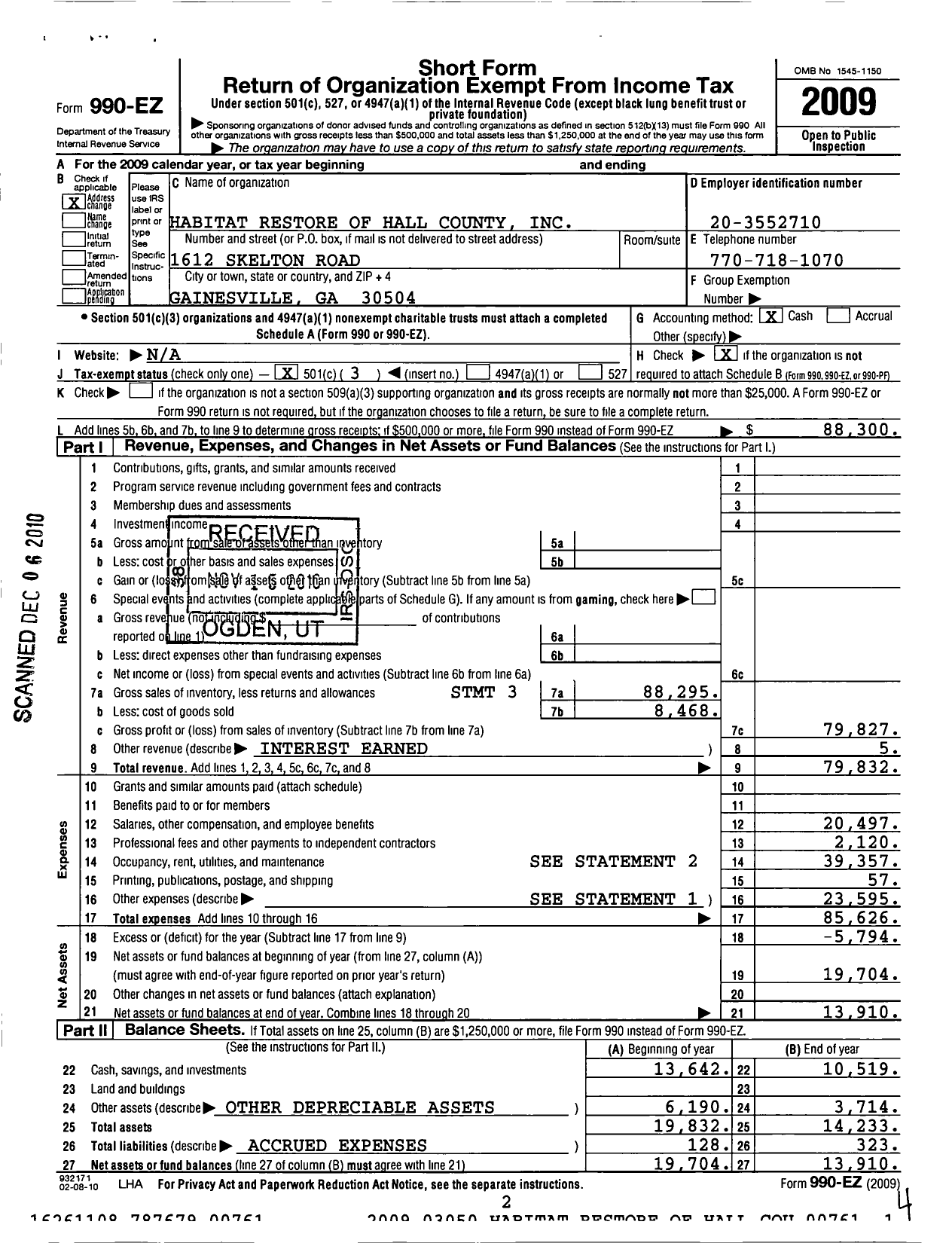 Image of first page of 2009 Form 990EZ for Habitat Restore of Hall County