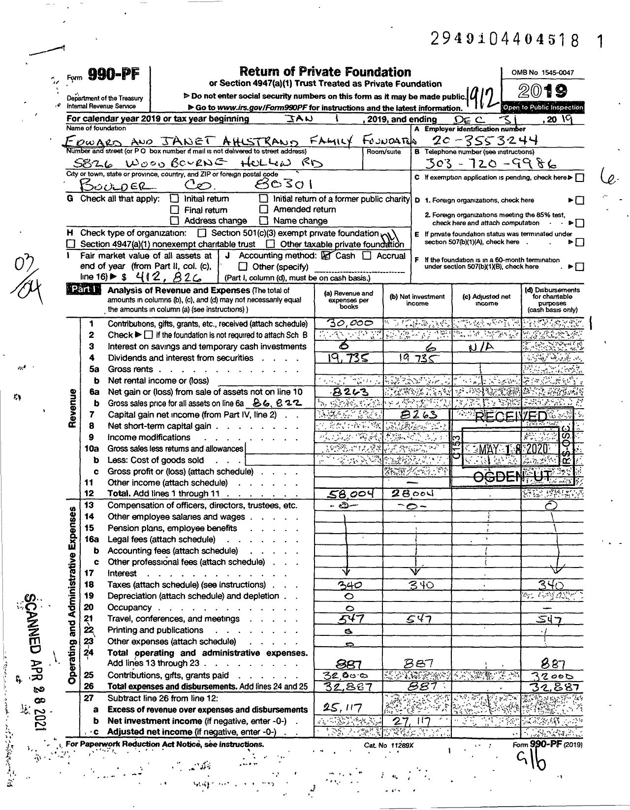 Image of first page of 2019 Form 990PF for Edward and Janet Ahlstrand Family Foundation