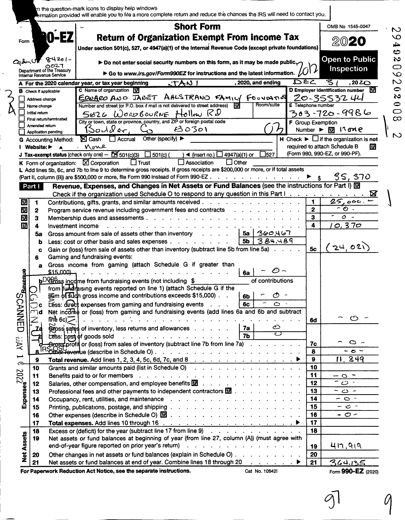 Image of first page of 2020 Form 990EZ for Edward and Janet Ahlstrand Family Foundation