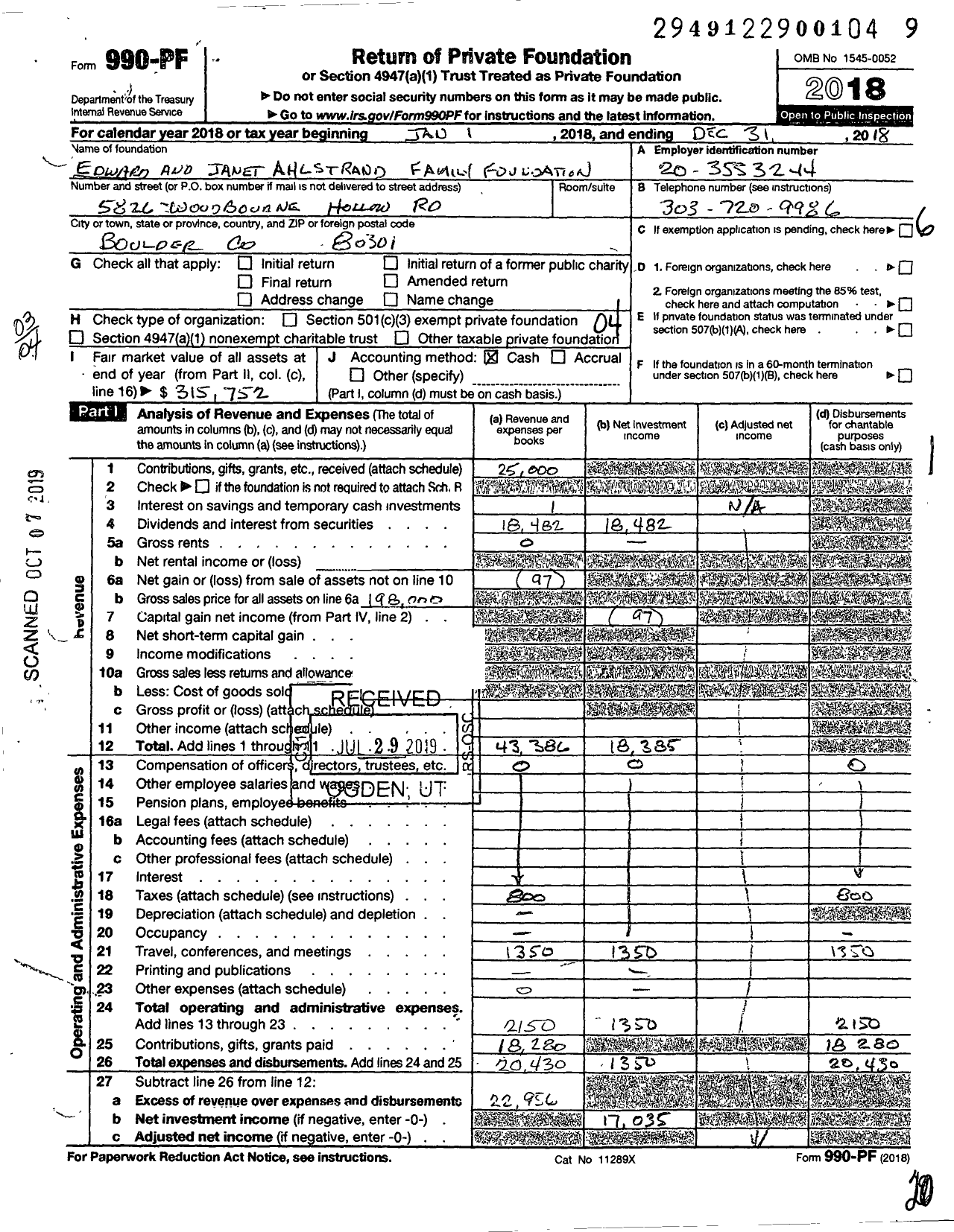 Image of first page of 2018 Form 990PF for Edward and Janet Ahlstrand Family Foundation